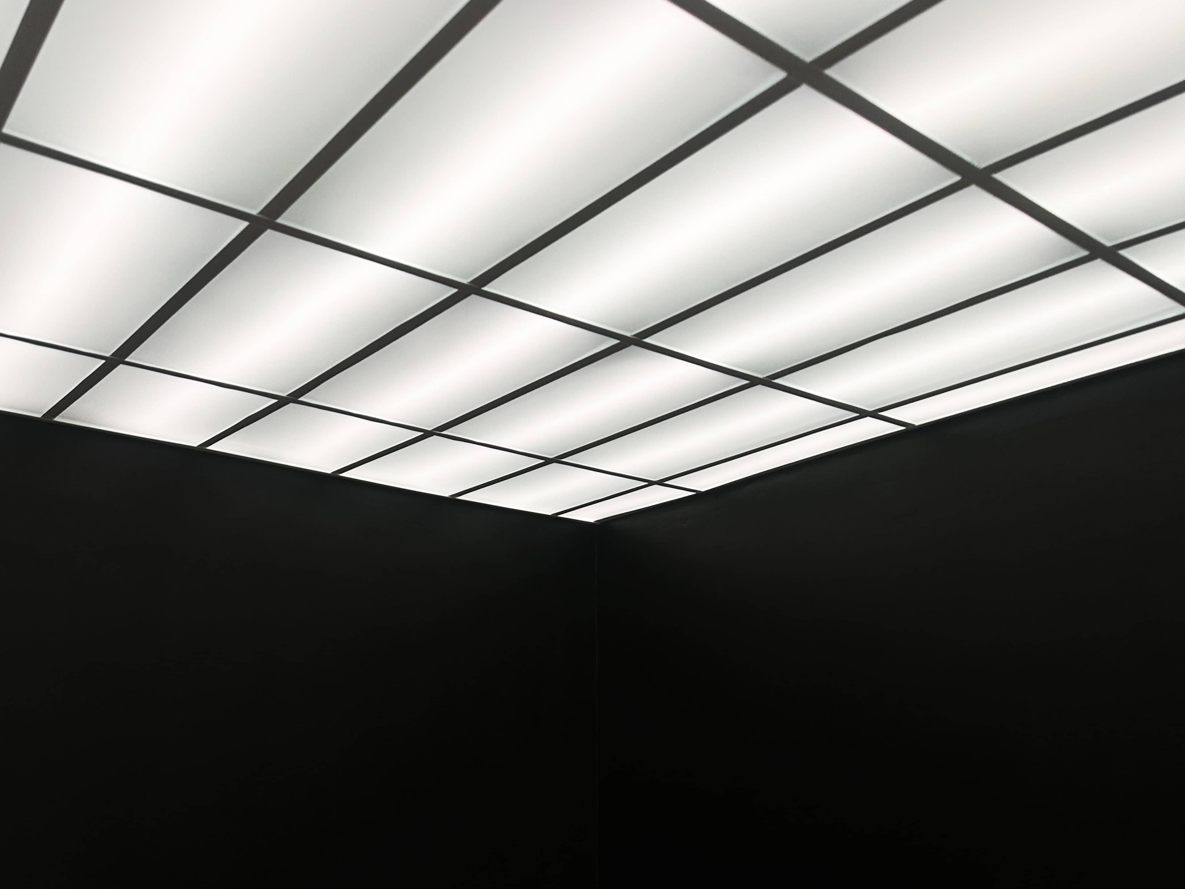 A ceiling with a grid pattern of illuminated panels above a room with black walls.