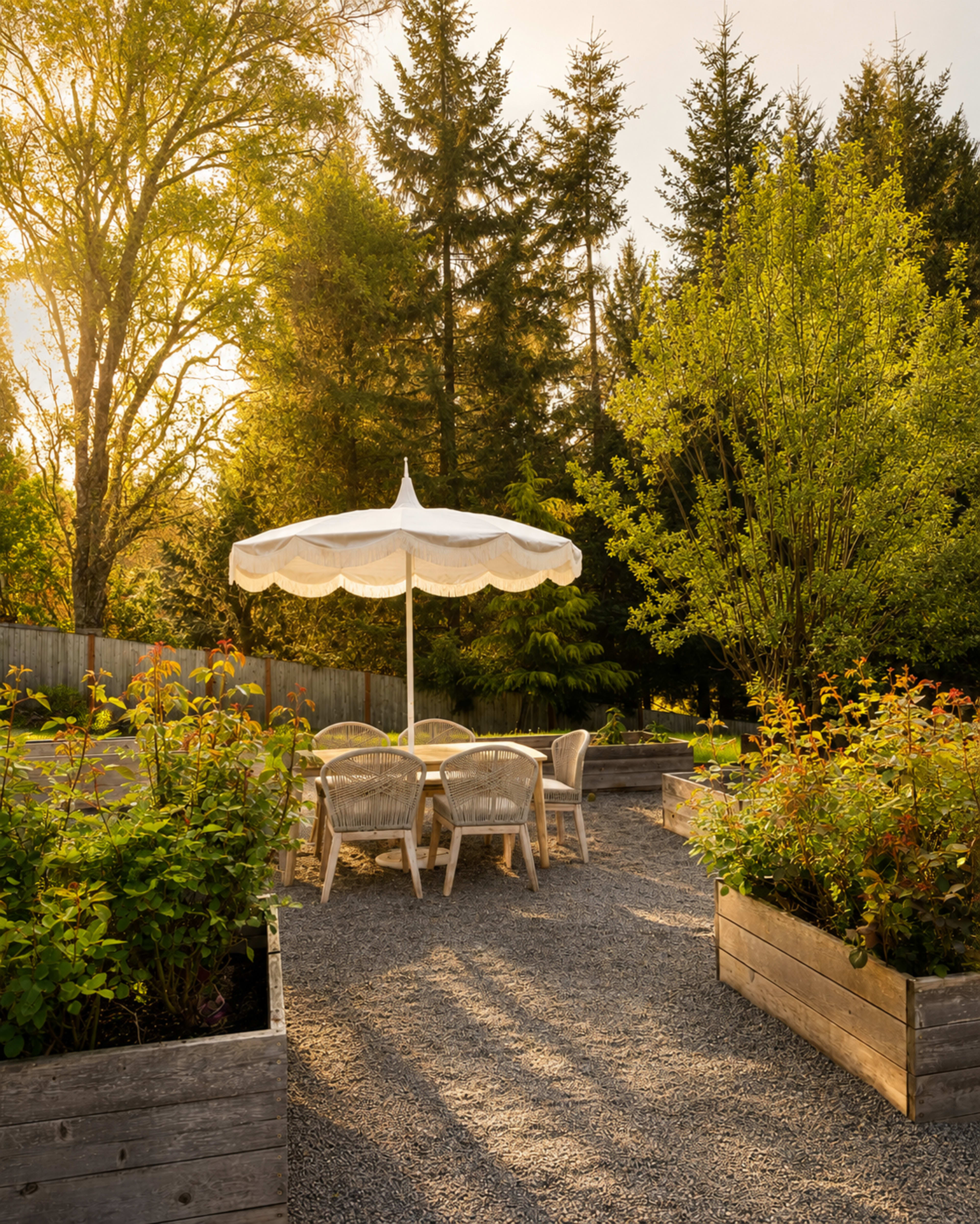 The image shows a garden patio with a round table and chairs under a large umbrella, surrounded by wooden planter boxes and trees.