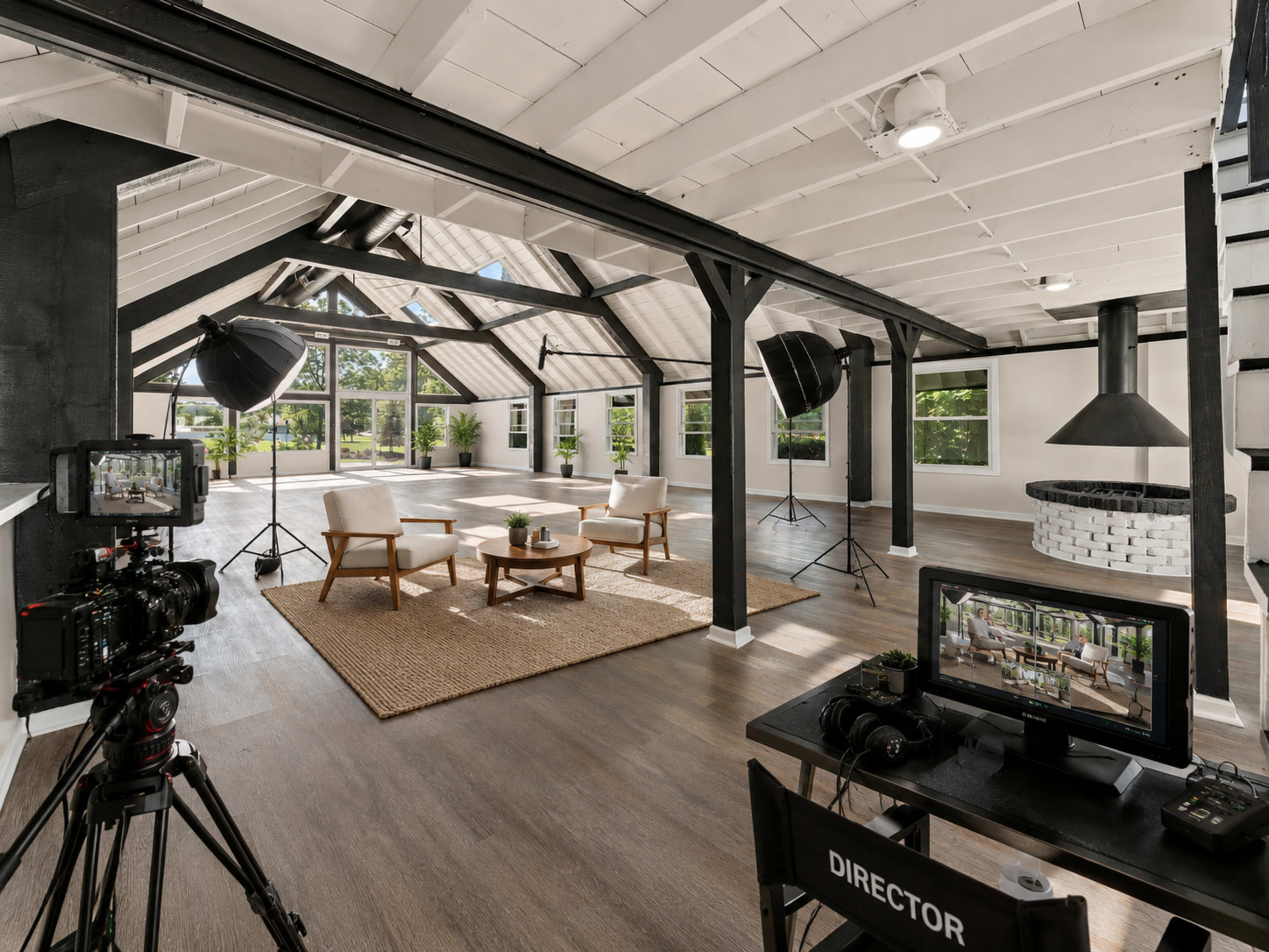 The image shows a spacious and modern interior with wooden beams, two chairs, a coffee table, and photography equipment set up for a shoot.