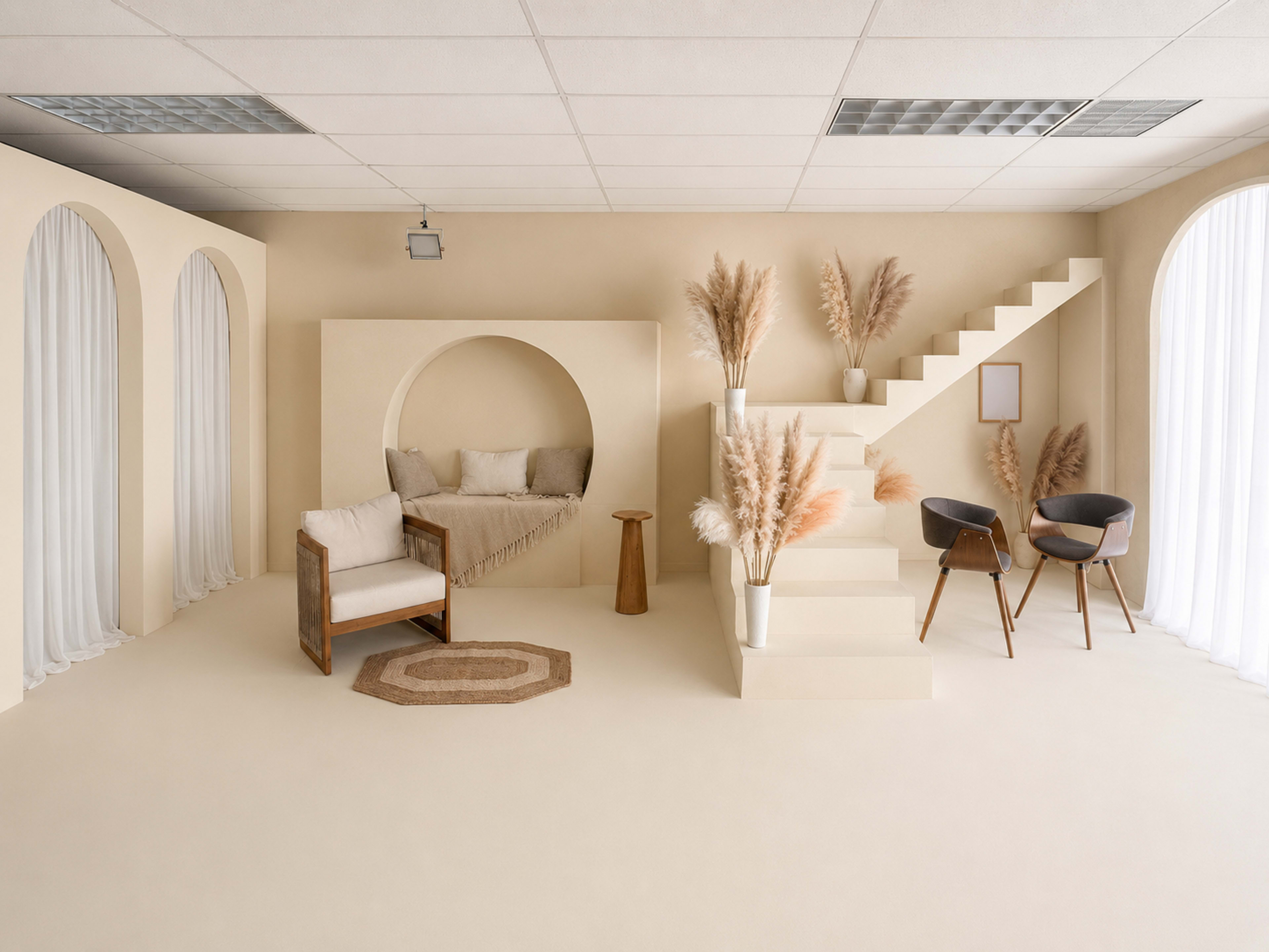 The image depicts a minimalist interior space featuring soft beige tones, a curved seating area, decorative plants, and a staircase leading to an upper level.