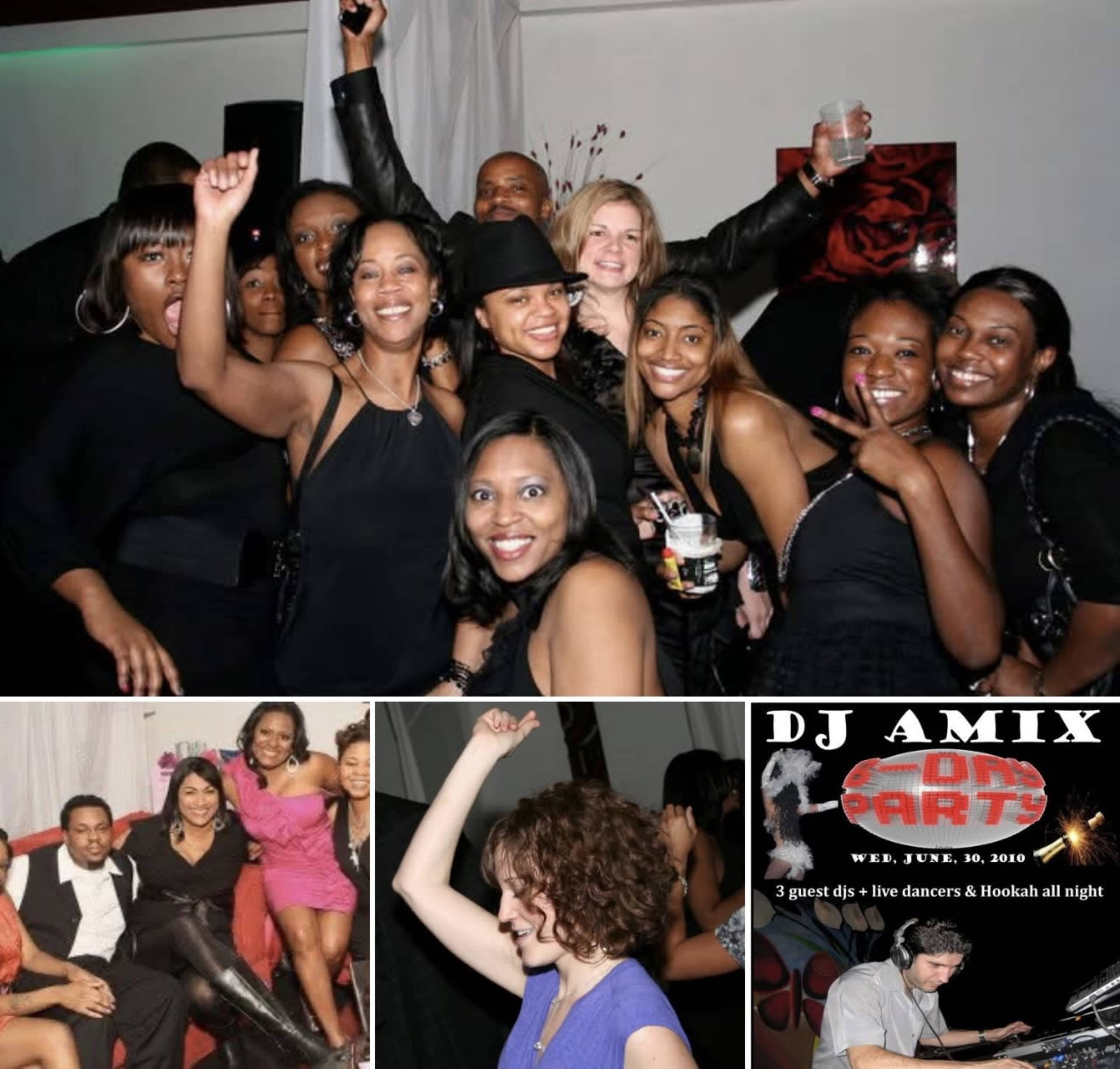 The image displays a lively party scene with a group of people dancing and enjoying themselves, while a flyer for an event featuring DJs and live entertainment is in the corner.