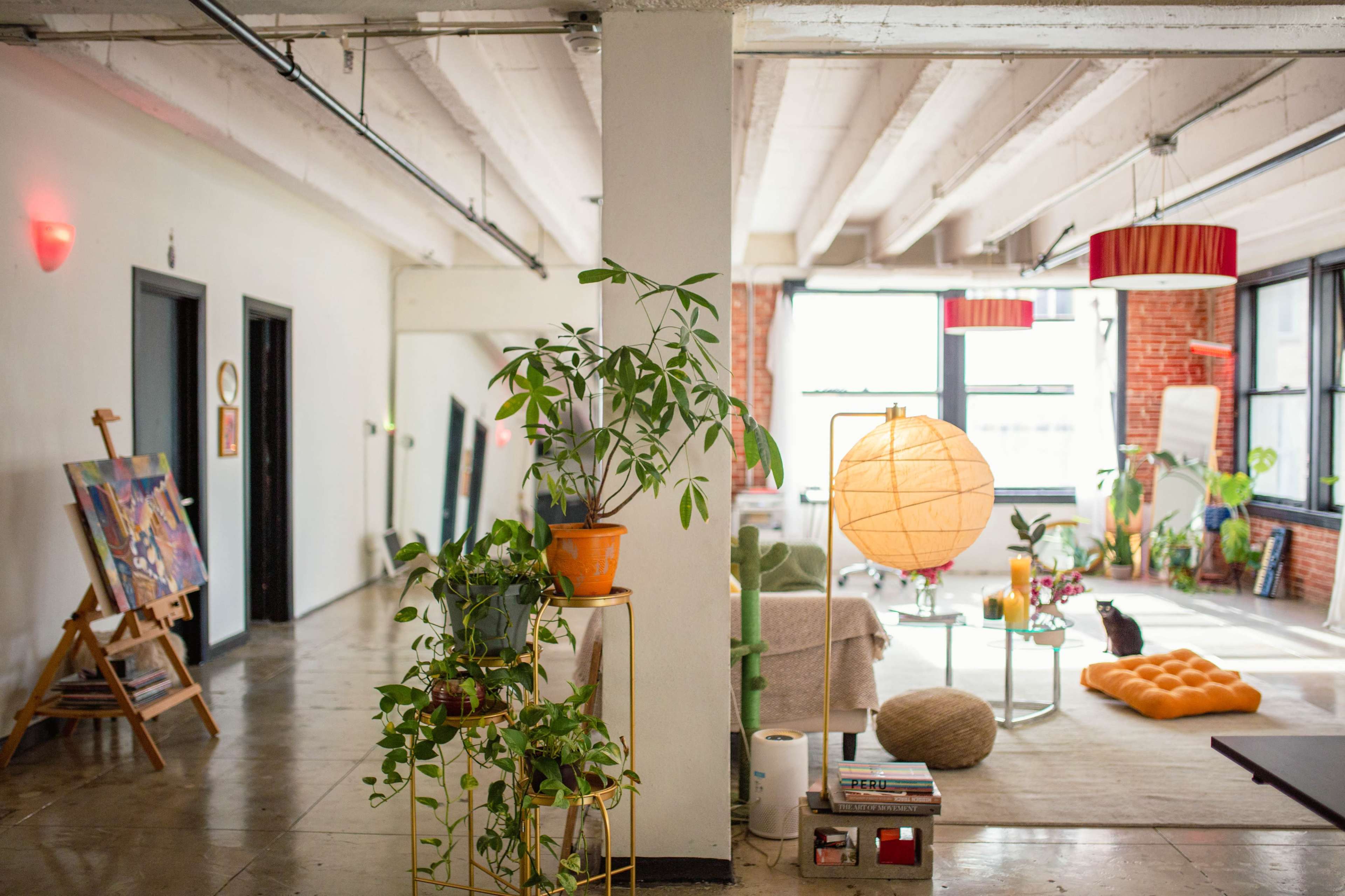 The image depicts a spacious interior of an apartment featuring plants, a cozy seating area, and large windows that allow natural light to fill the space.
