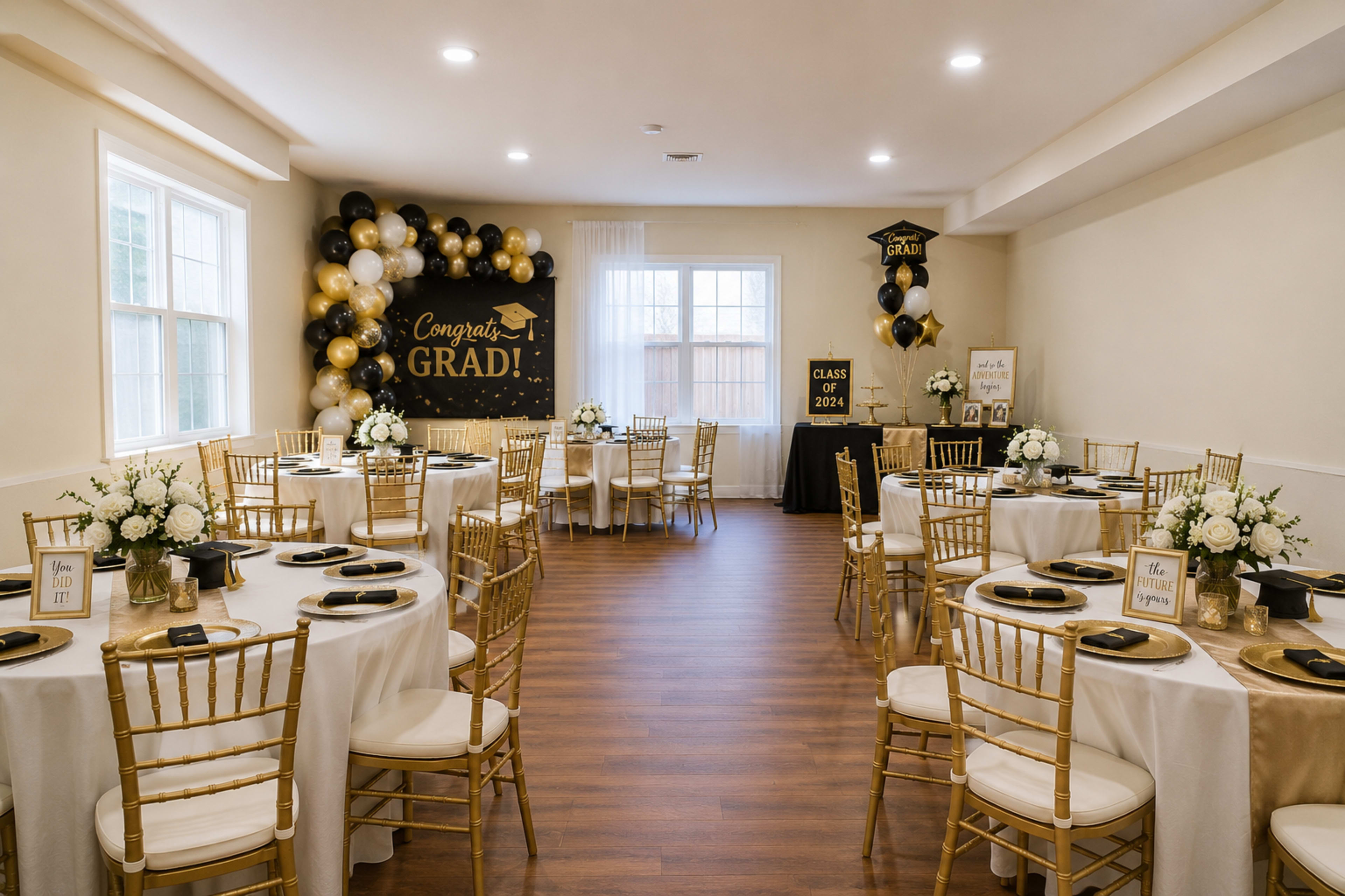 The image shows a decorated event space for a graduation celebration, featuring round tables with white tablecloths, gold chairs, and a backdrop of balloons and a sign that reads "Congrats GRAD!"