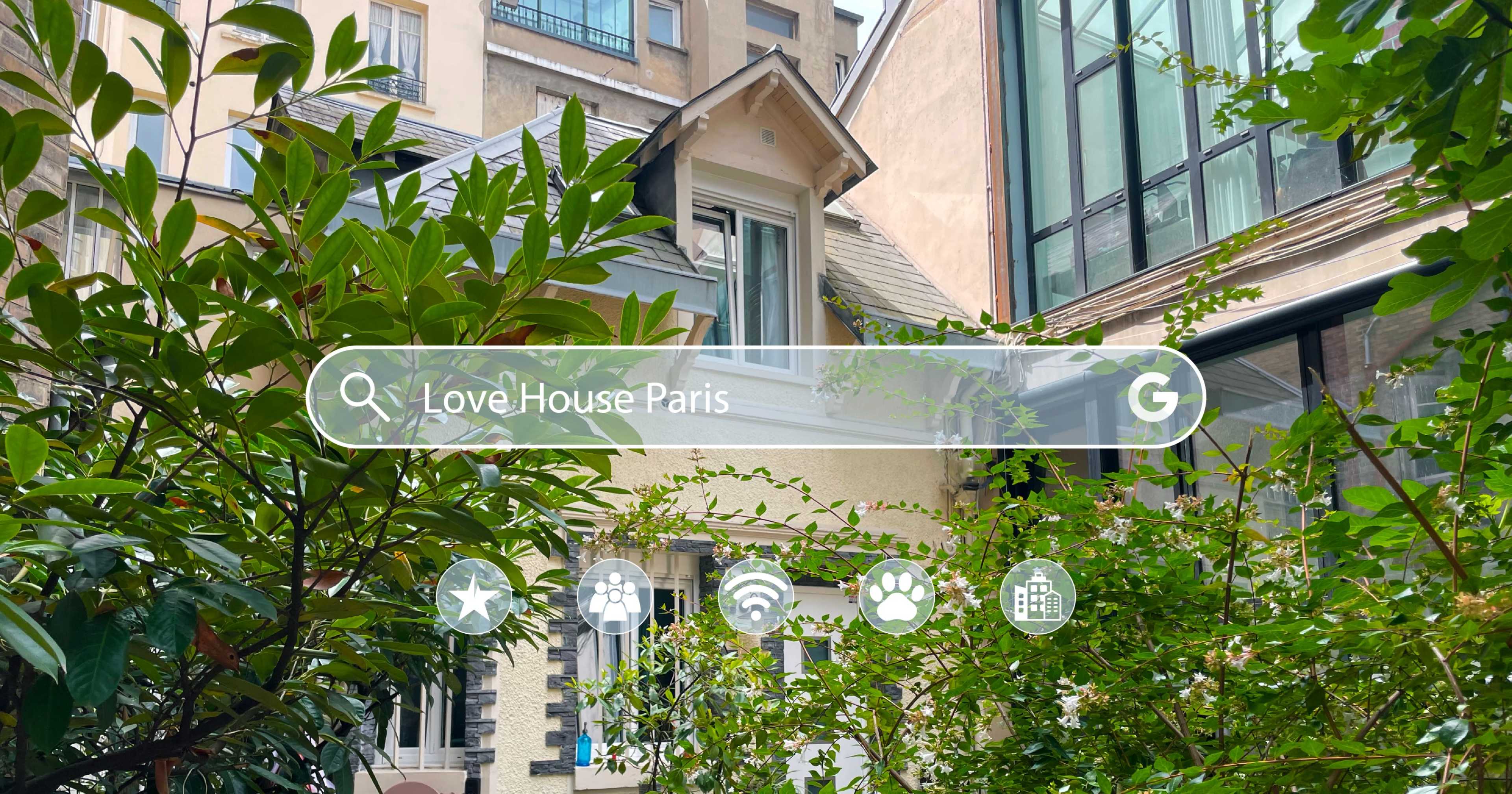 The image shows a charming house nestled among greenery in an urban setting in Paris.