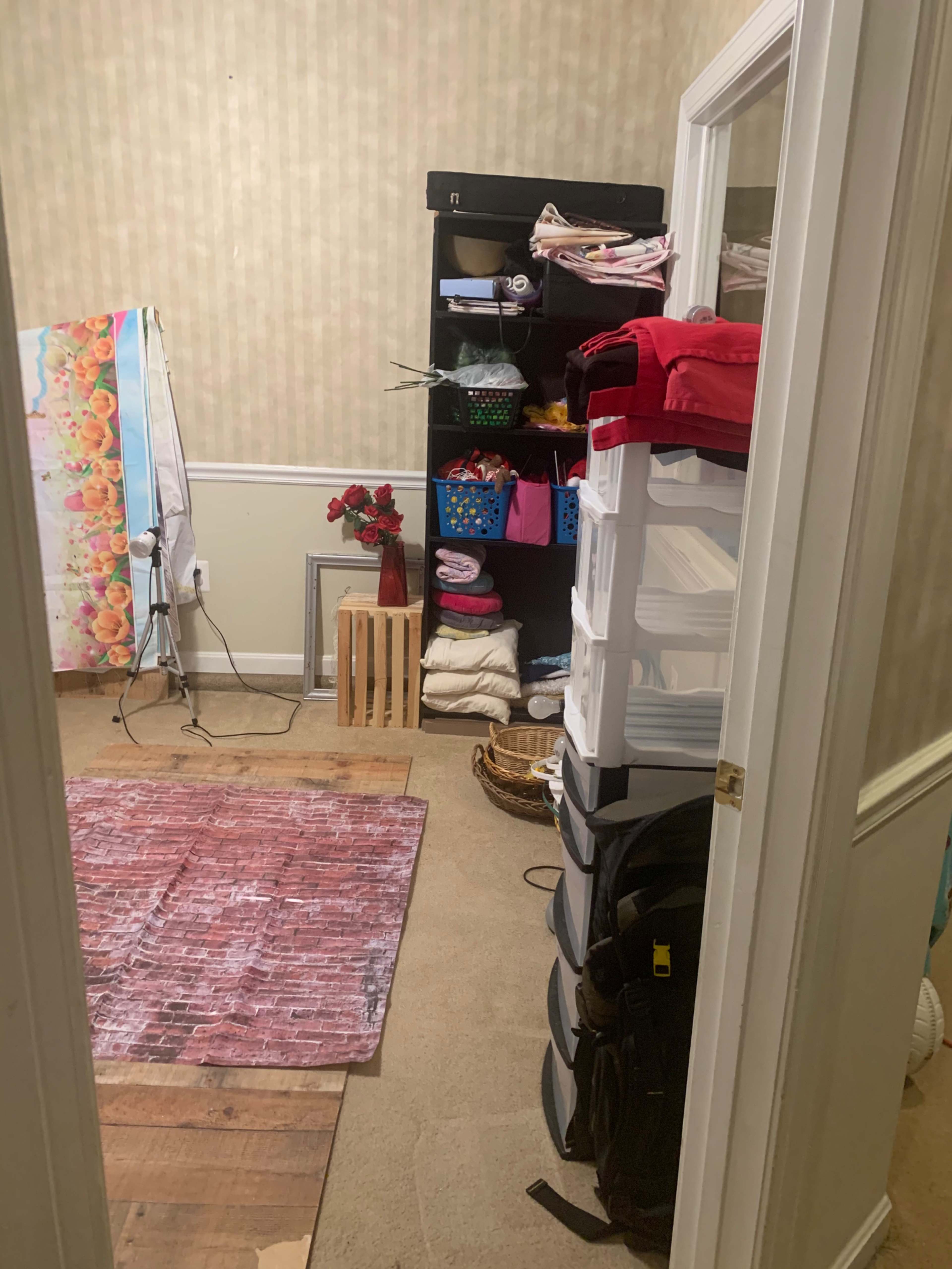 A room with a carpeted floor, a bookshelf filled with storage containers, a red rug, and a microphone stand positioned near the door.
