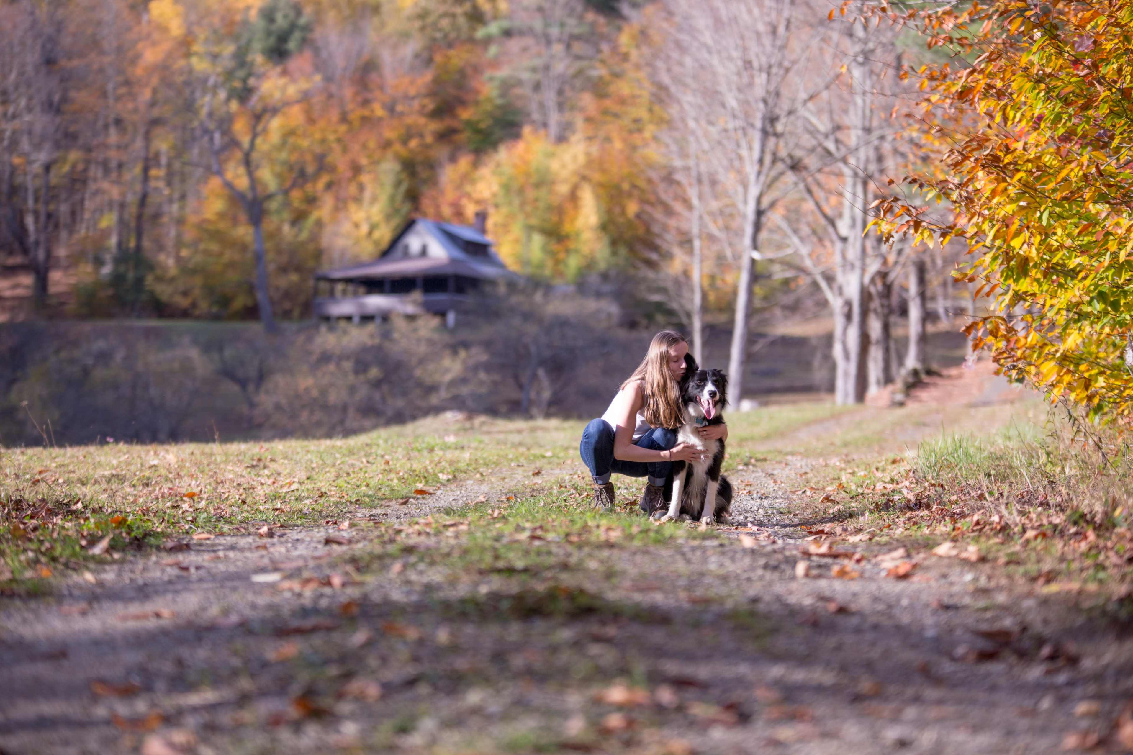 A person kneels beside a dog on a gravel path lined with autumn trees, with a house visible in the background.