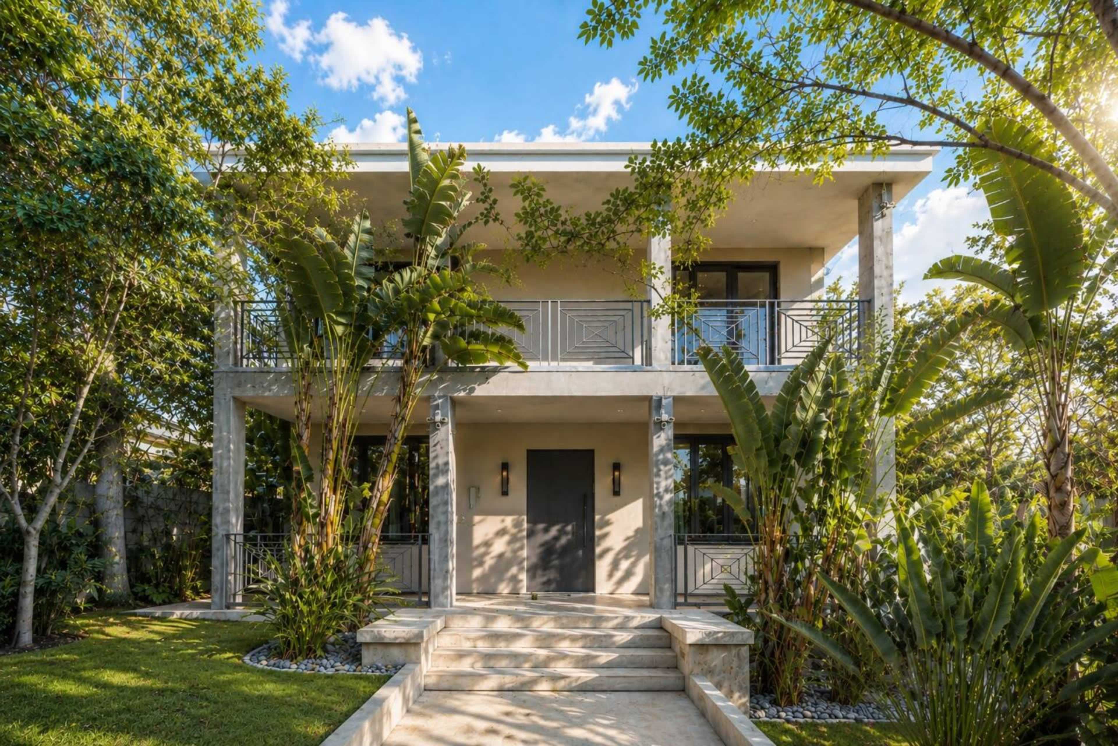A modern two-story house features a symmetrical façade with large windows, surrounded by lush greenery and palm plants.