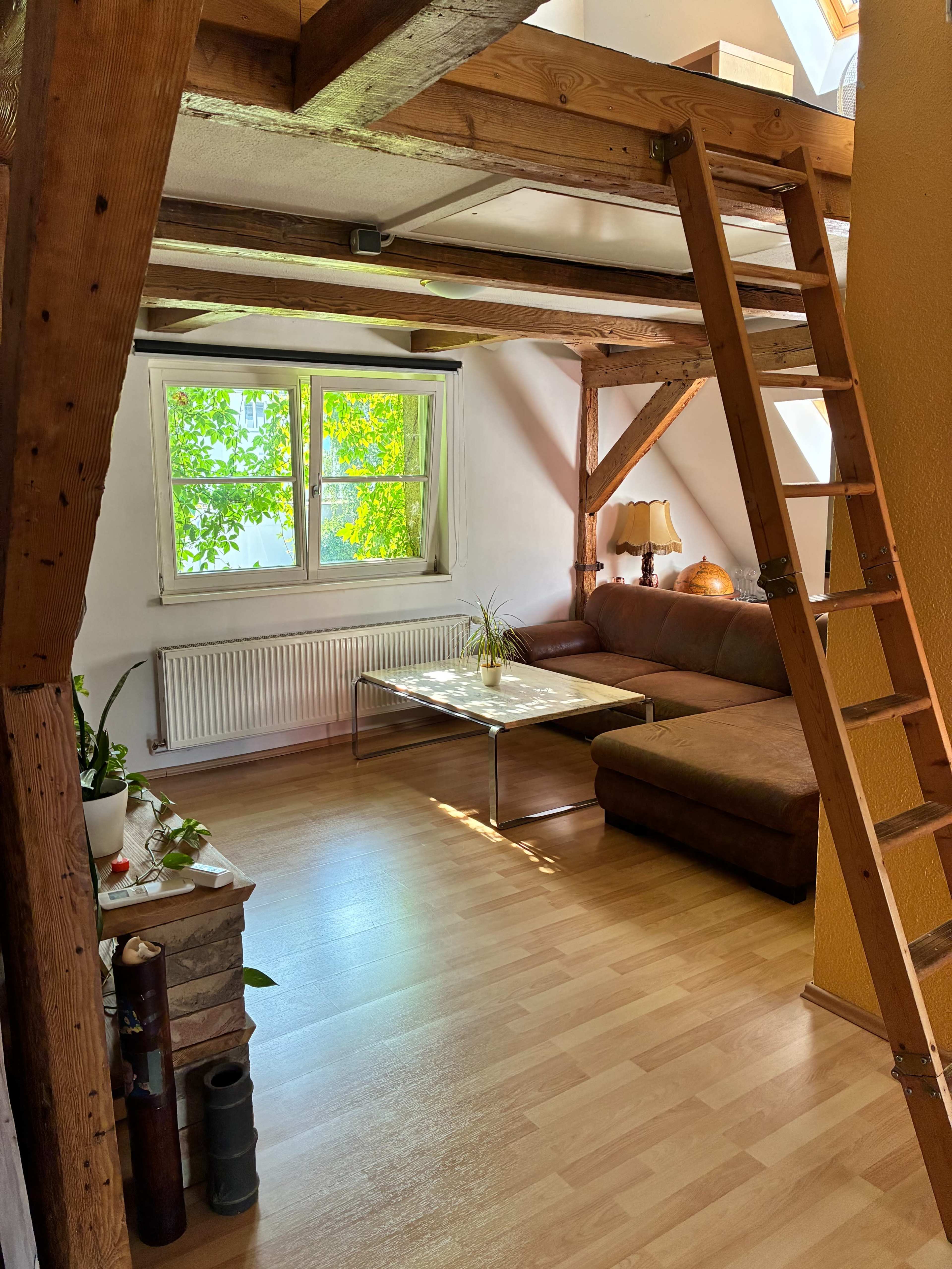 The image shows a cozy living room with wooden beams, a large sofa, a coffee table, and a window allowing natural light to enter the space.