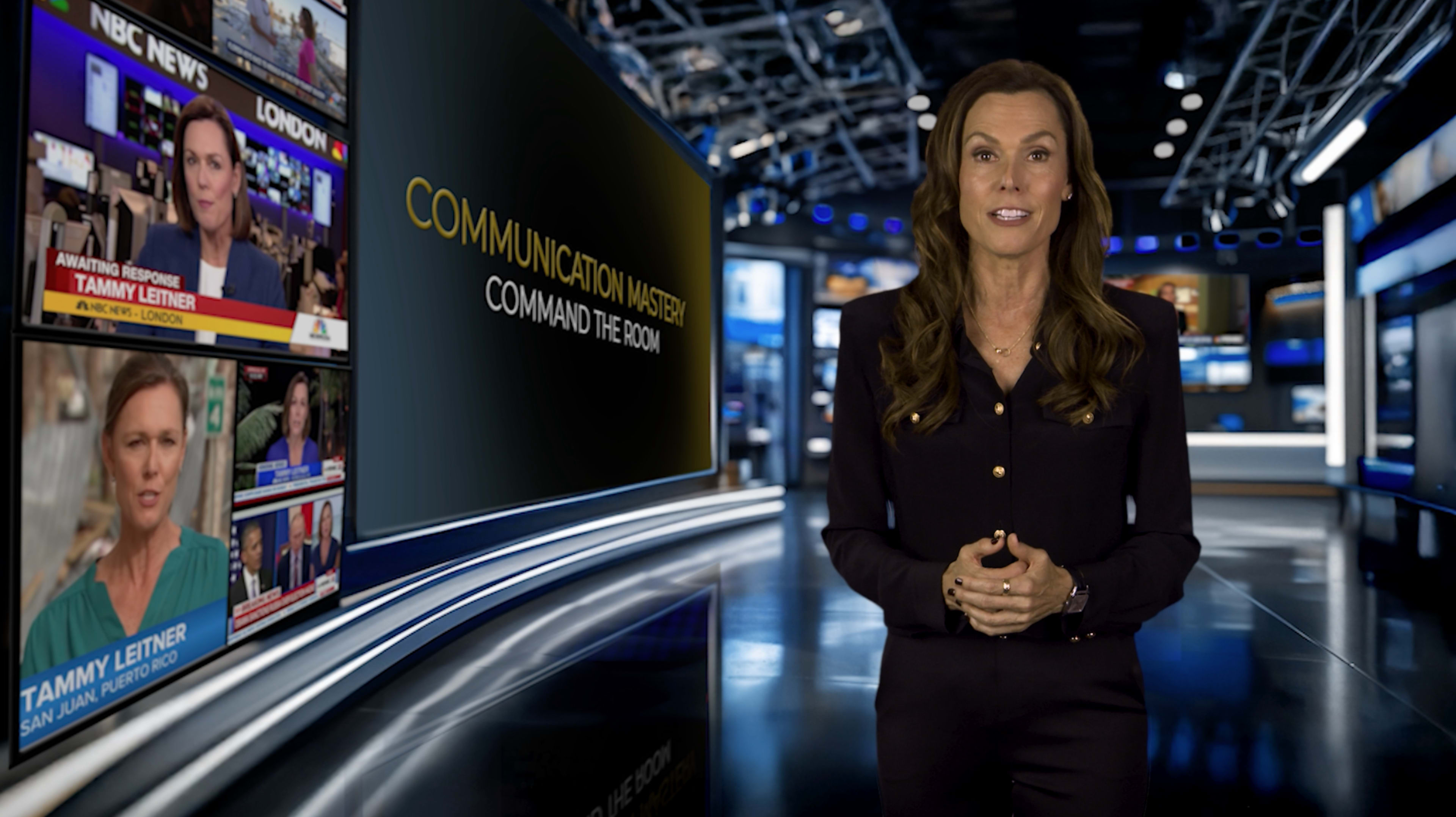A woman stands in a modern studio, speaking in front of a large screen displaying the text "Communication Mastery" alongside various news clips.