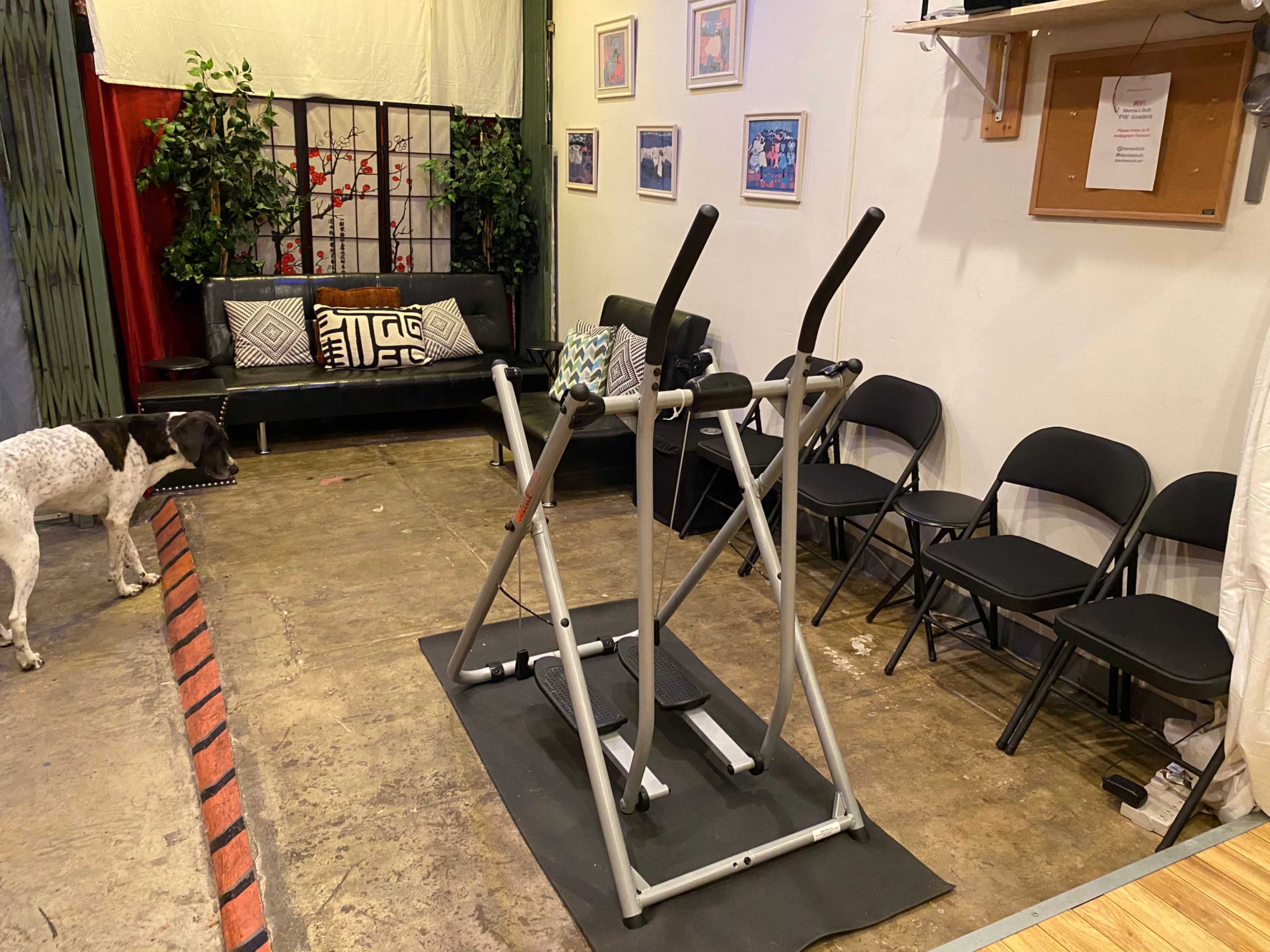 A workout machine stands on a mat in a room with a sofa, several chairs, and decorative wall art.