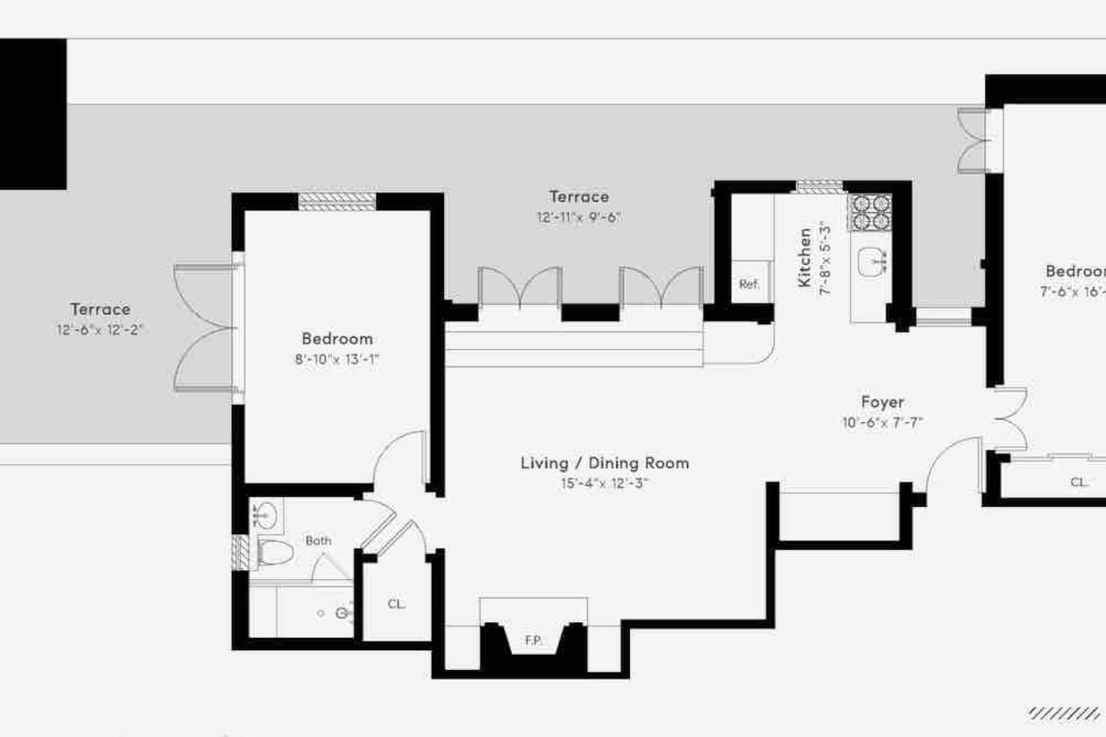 The image displays a floor plan of a residential unit featuring two bedrooms, a kitchen, a living/dining room, a foyer, and two terraces.