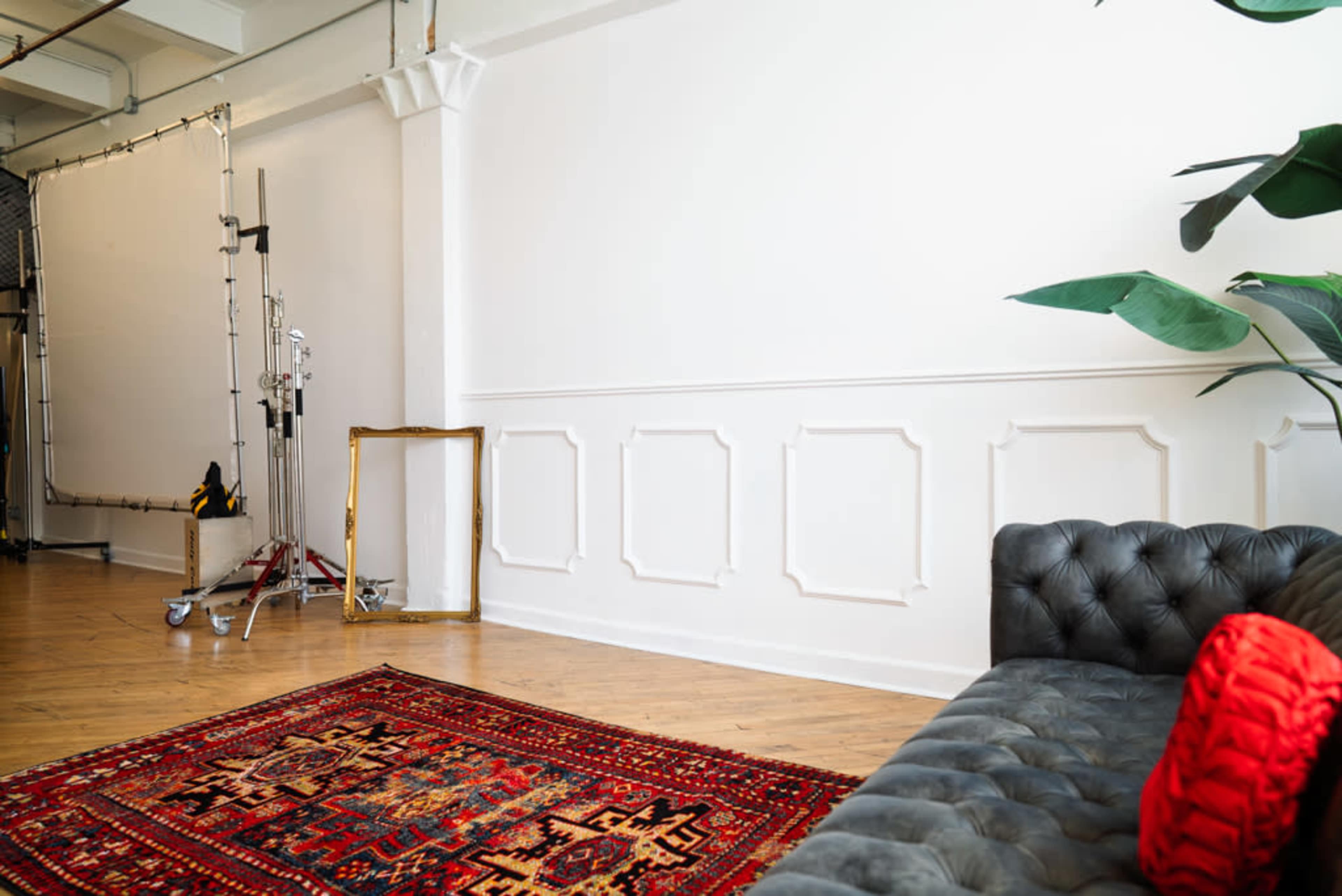 The image shows a well-lit indoor space featuring a dark upholstered sofa, a patterned rug, and a blank white wall with decorative molding, alongside photo equipment and a plant.