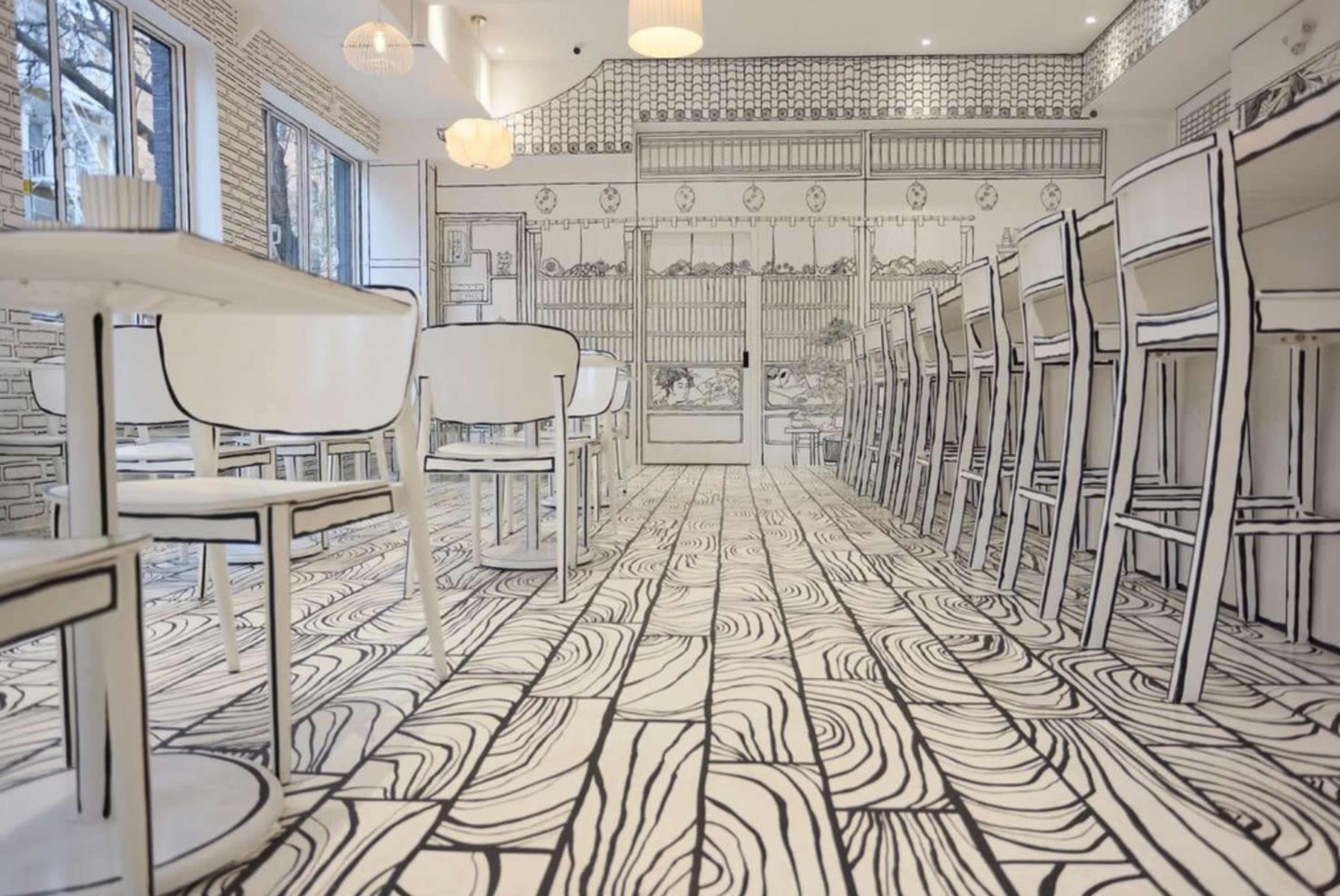 The image shows a dining area with black and white illustrated chairs, tables, and a patterned floor, creating a hand-drawn aesthetic.