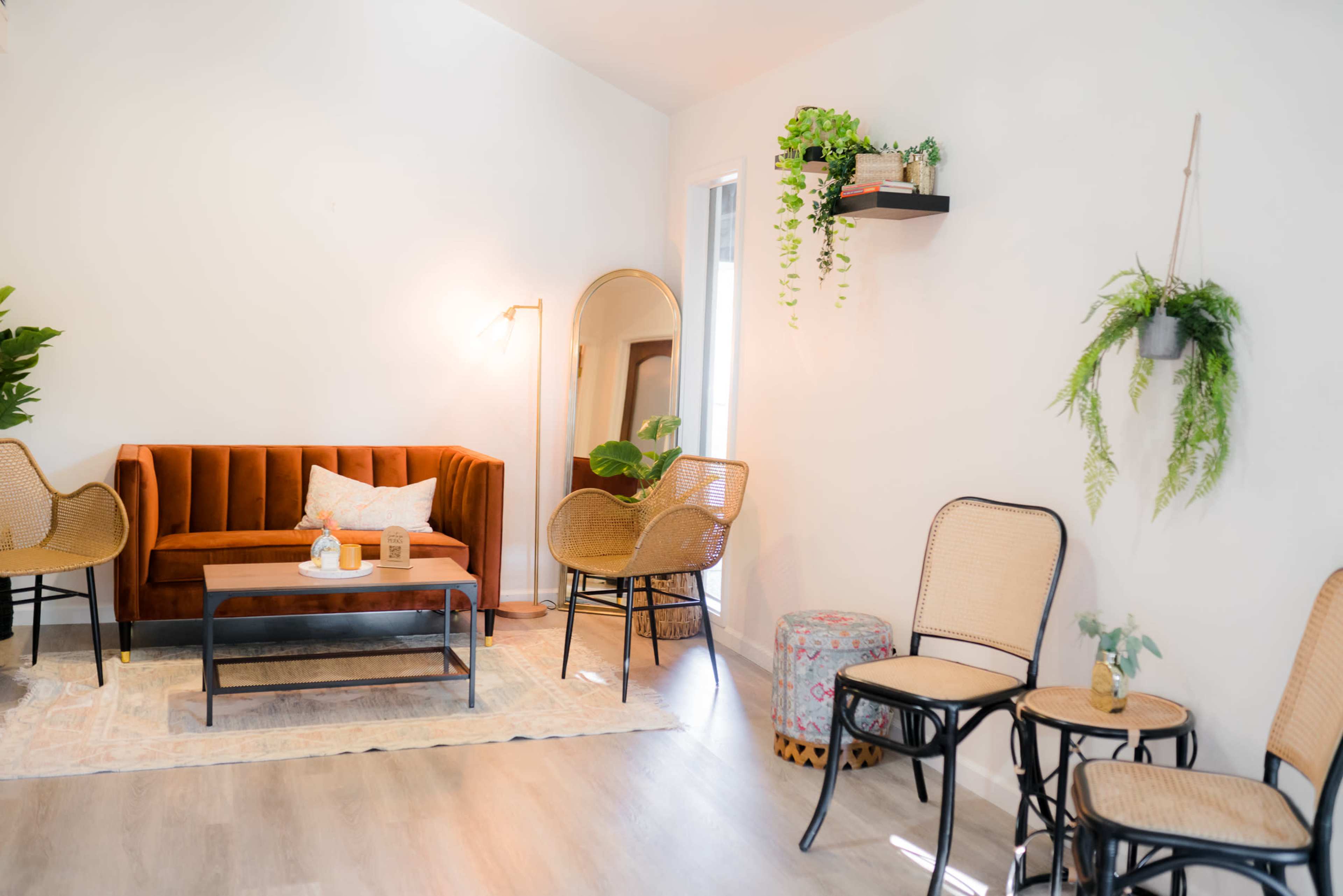 A cozy living room with a brown sofa, a coffee table, and several chairs arranged around a light-colored rug, complemented by indoor plants and a large mirror.