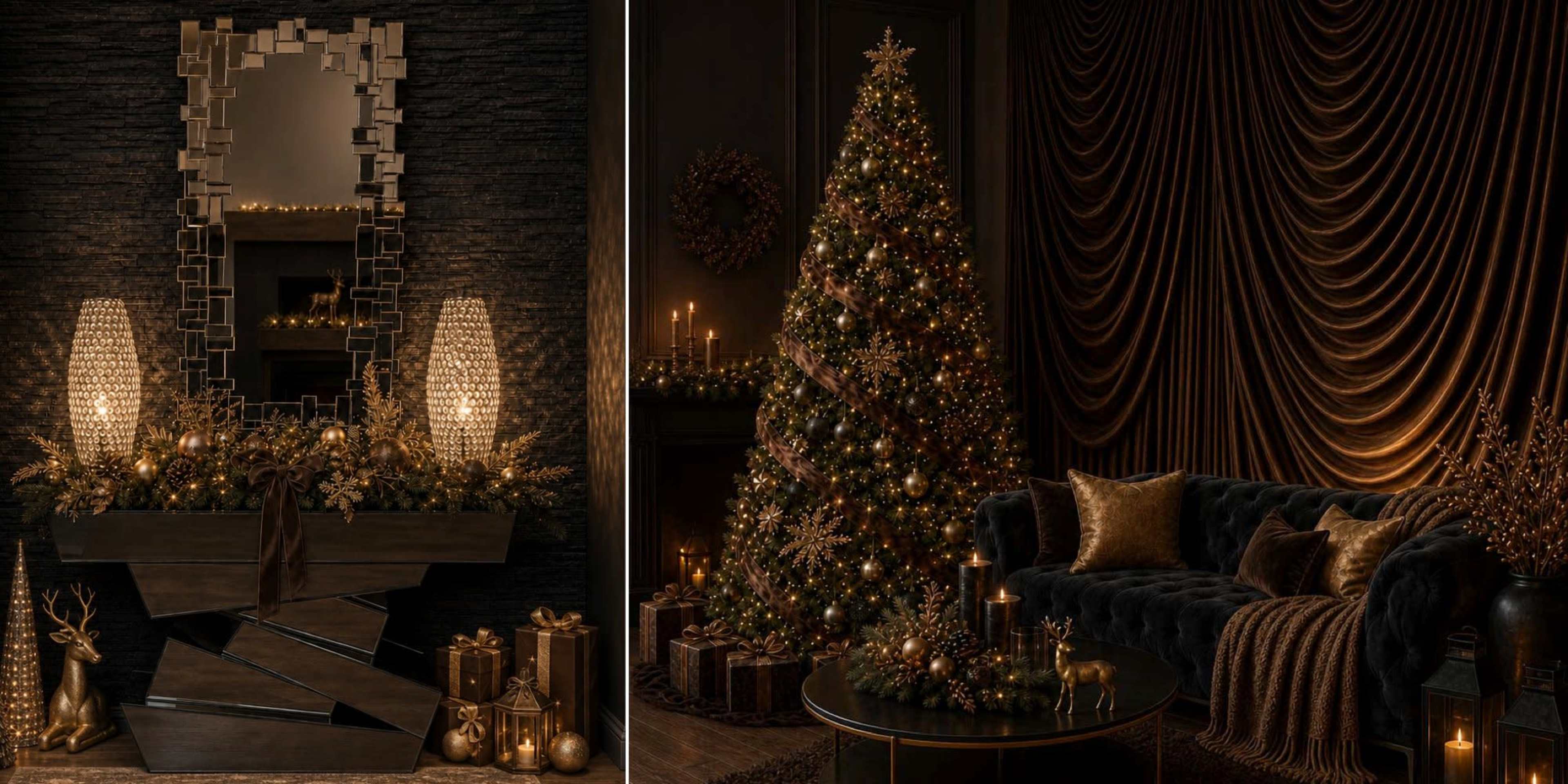 The image shows an elegantly decorated interior featuring a dark color scheme with a Christmas tree adorned in gold and brown, surrounded by festive decorations, a stylish sofa, and a mirrored console table.
