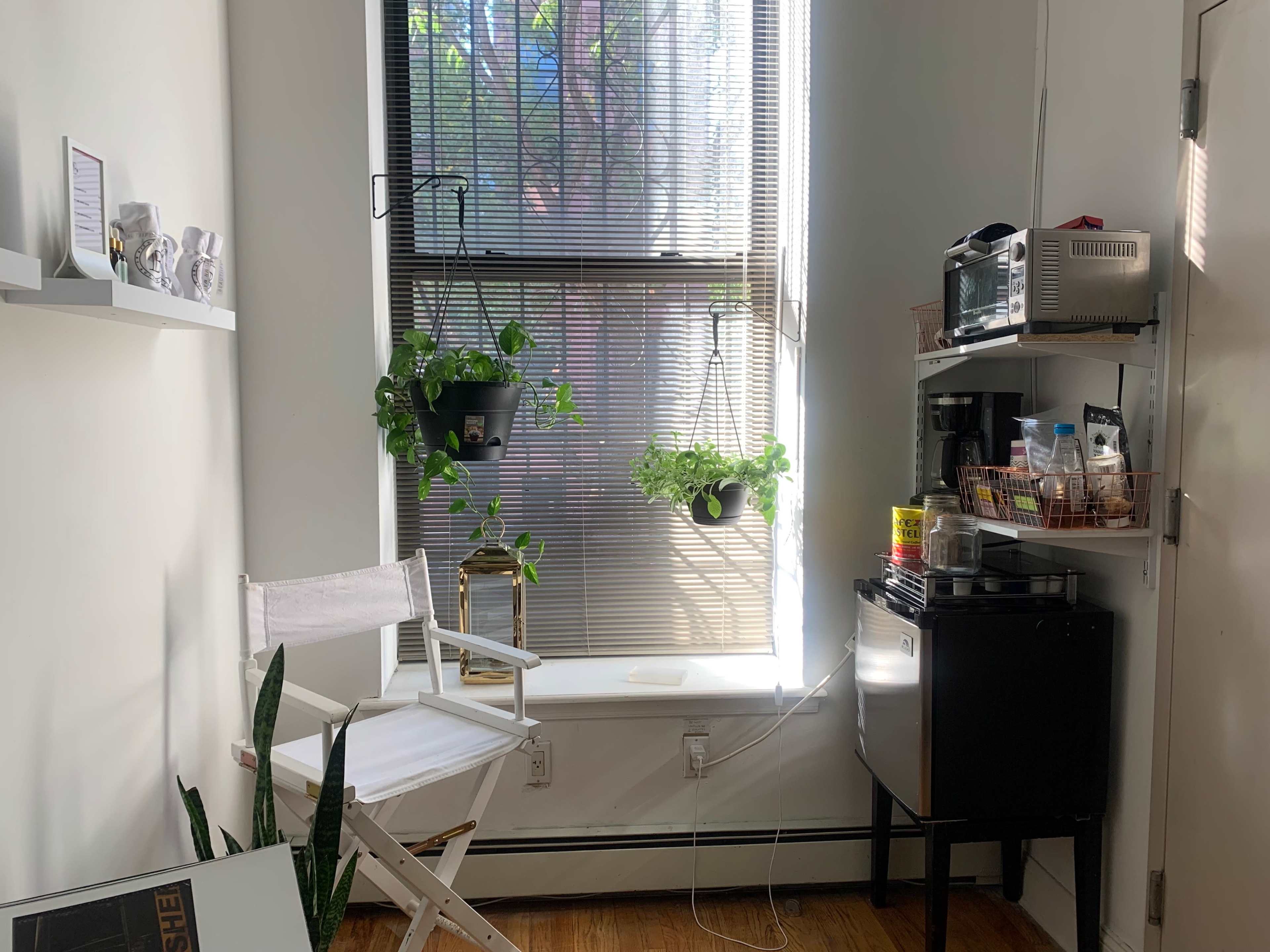 A small, well-lit room with a chair beside a window featuring hanging plants, a shelf with kitchen items, and a compact refrigerator.