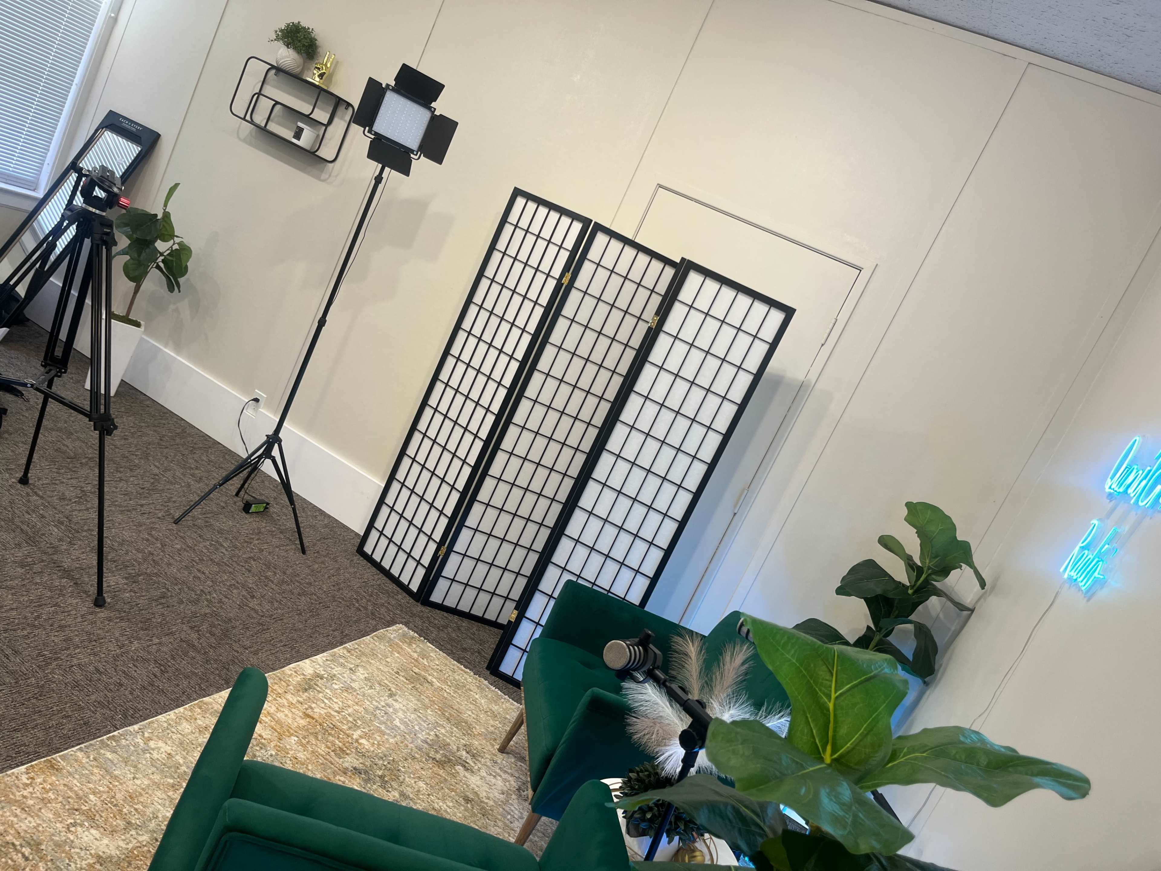 The image shows a well-lit room with a green sofa, a decorative partition, a microphone, and camera equipment set up for a video shoot.