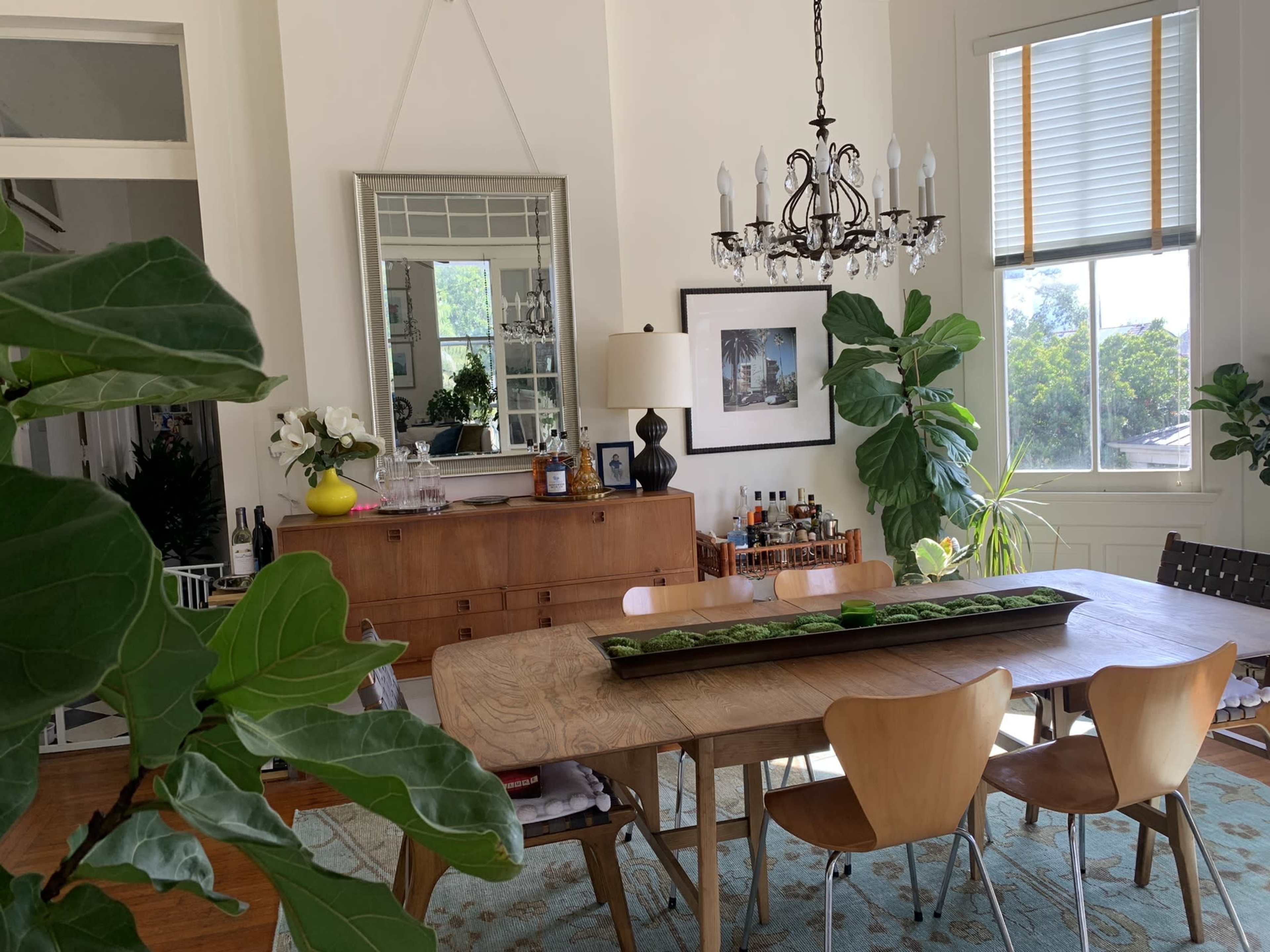 A bright dining room featuring a wooden table surrounded by chairs, a large mirror on the wall, a chandelier, and decorative plants.
