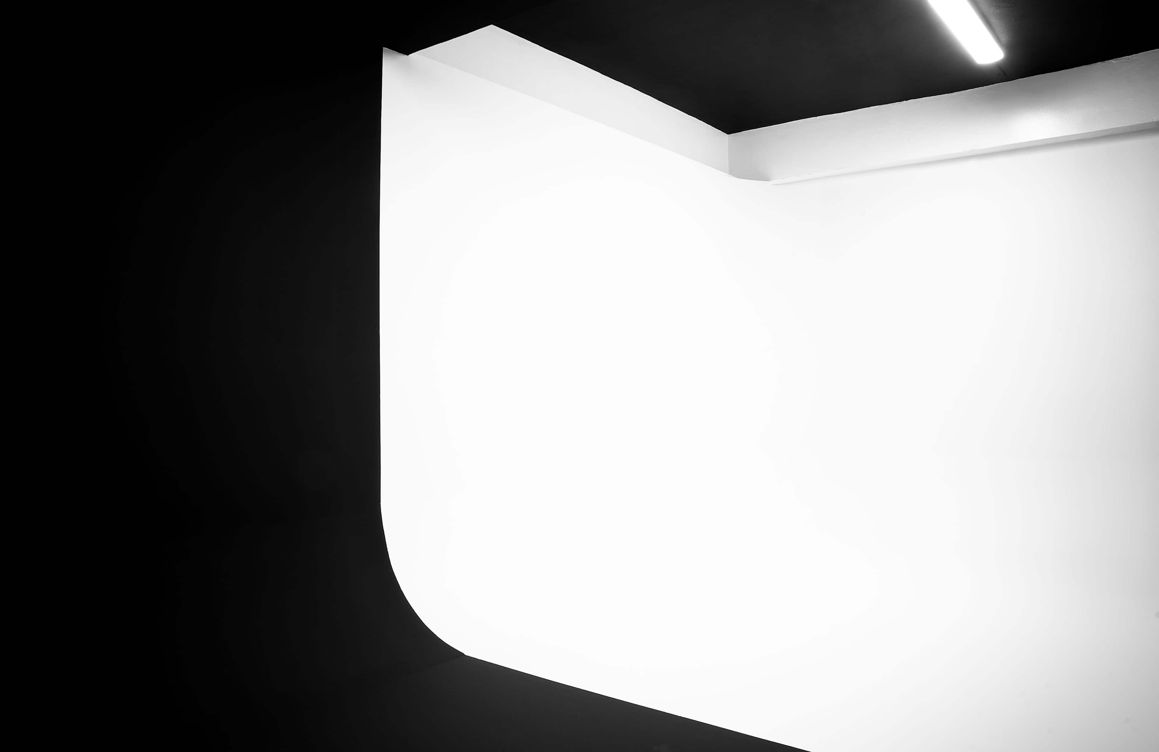The image features a stark, minimalist studio setup with a curved white wall meeting a dark backdrop and illuminated by a single overhead light.