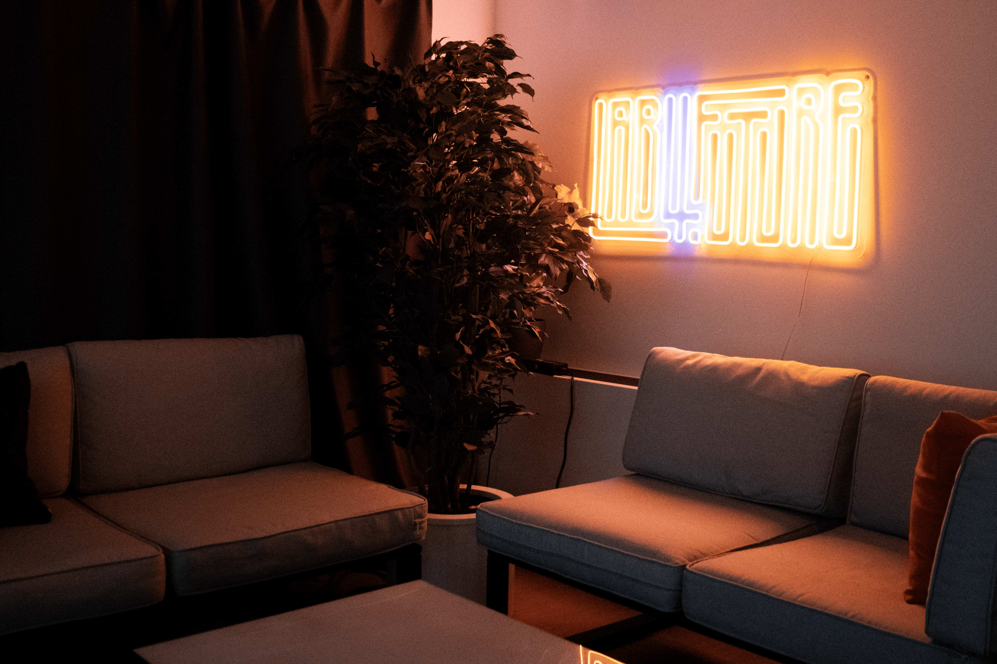 The image shows a cozy living room with two light-colored sofas facing each other, a potted plant in the corner, and a vibrant neon sign on the wall.