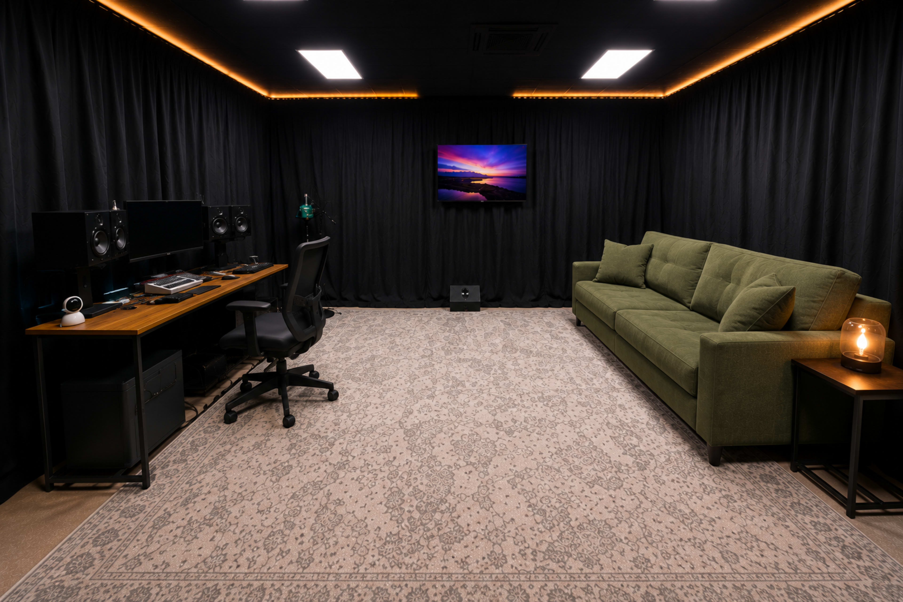 The image shows a modern, soundproof room with a green sofa, a desk with computer monitors, and a television on the wall.