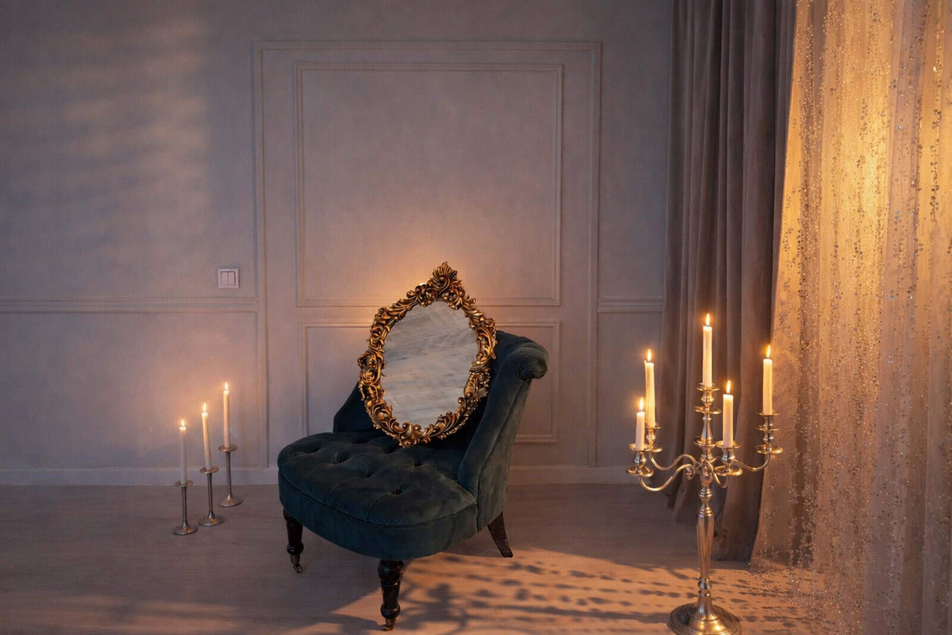 A velvet chair sits in a softly lit room next to a candelabra, with an ornate mirror placed on the chair facing the wall.