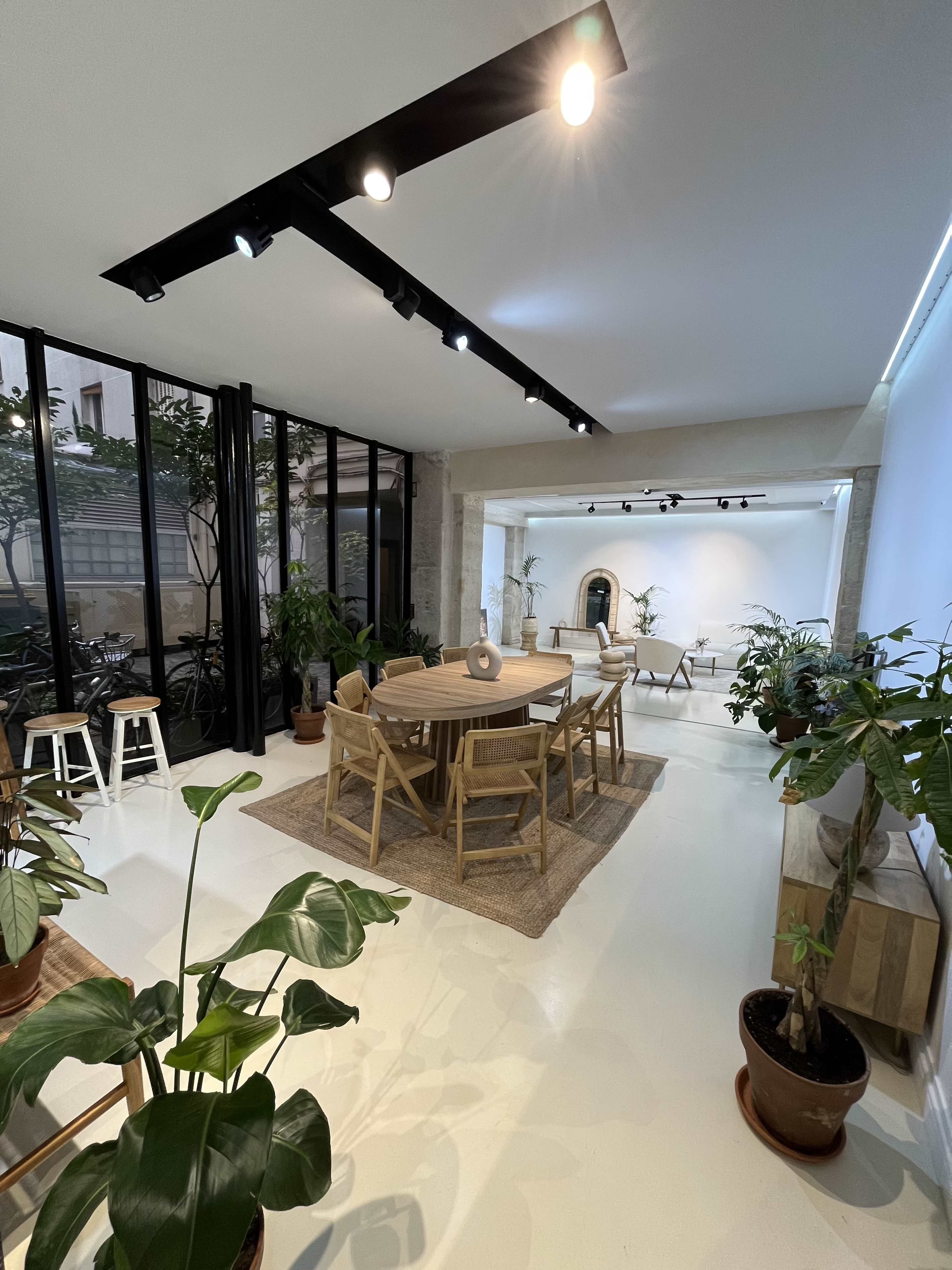 The image shows a modern indoor dining area with a large wooden table surrounded by chairs, framed by large windows featuring plants and minimalistic decor.