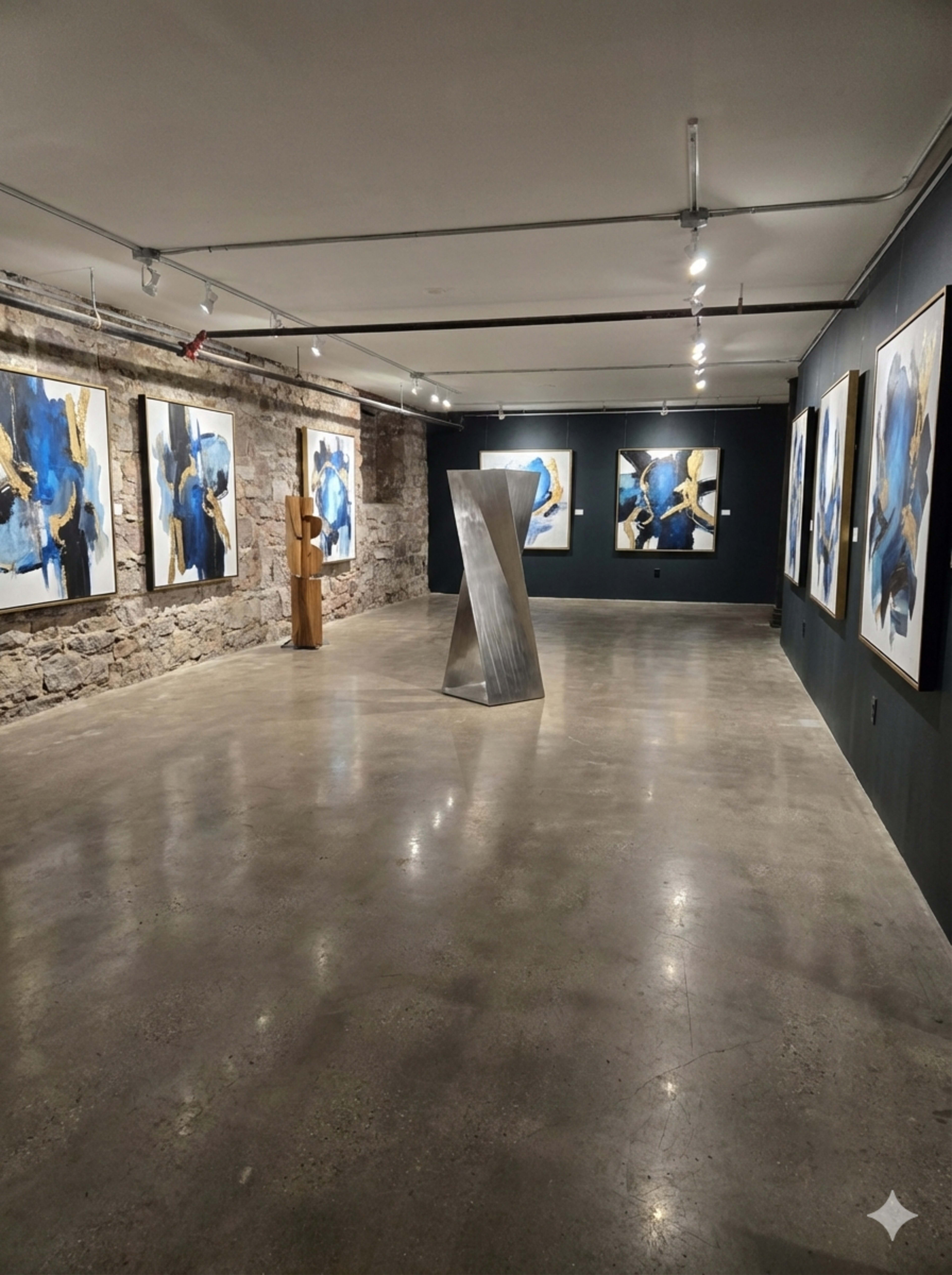 The image shows an art gallery featuring large abstract paintings on the walls and a metallic sculpture in the center of the room.
