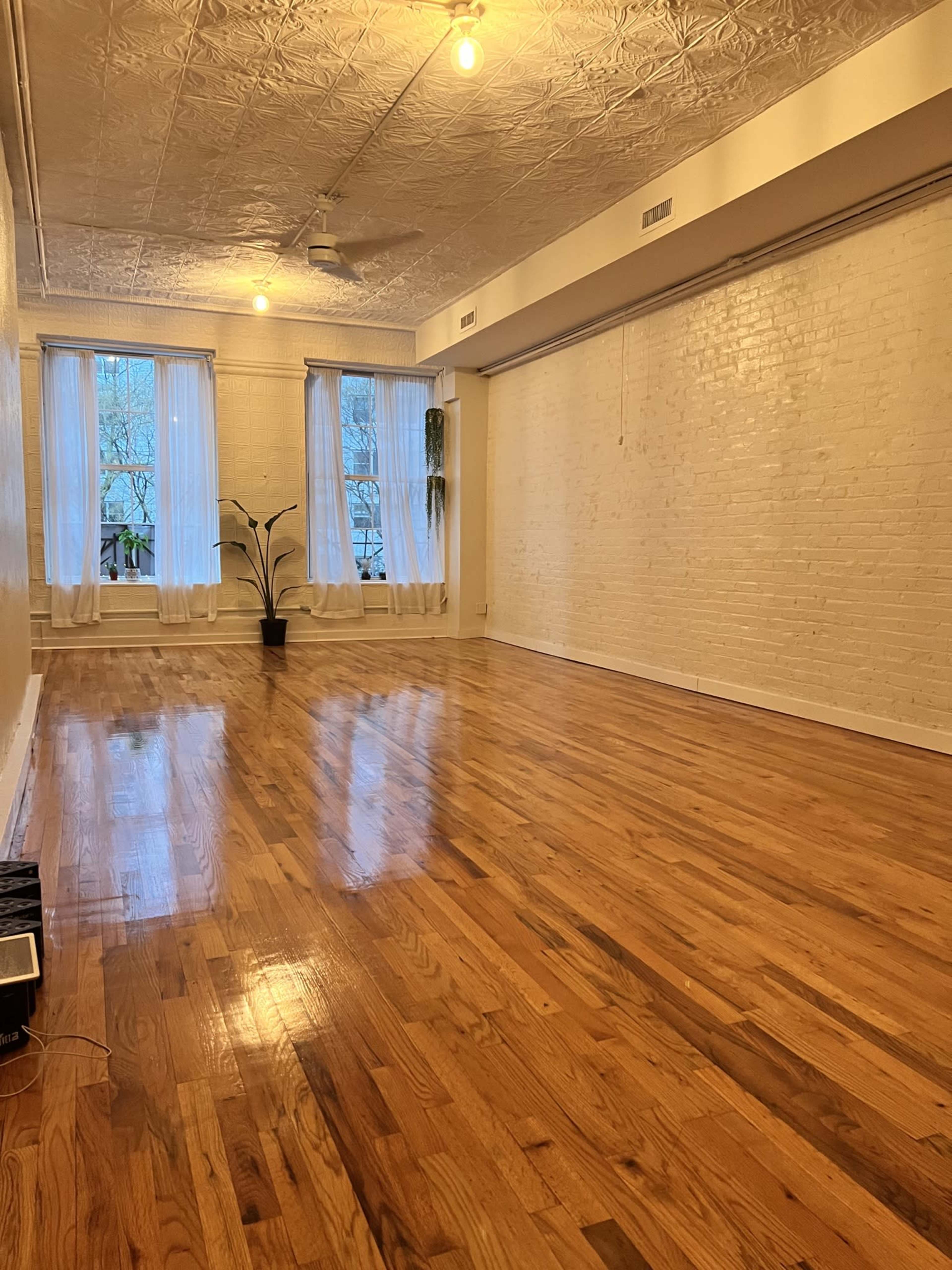 A spacious room with polished hardwood floors, two windows with sheer curtains, and a small potted plant in one corner.
