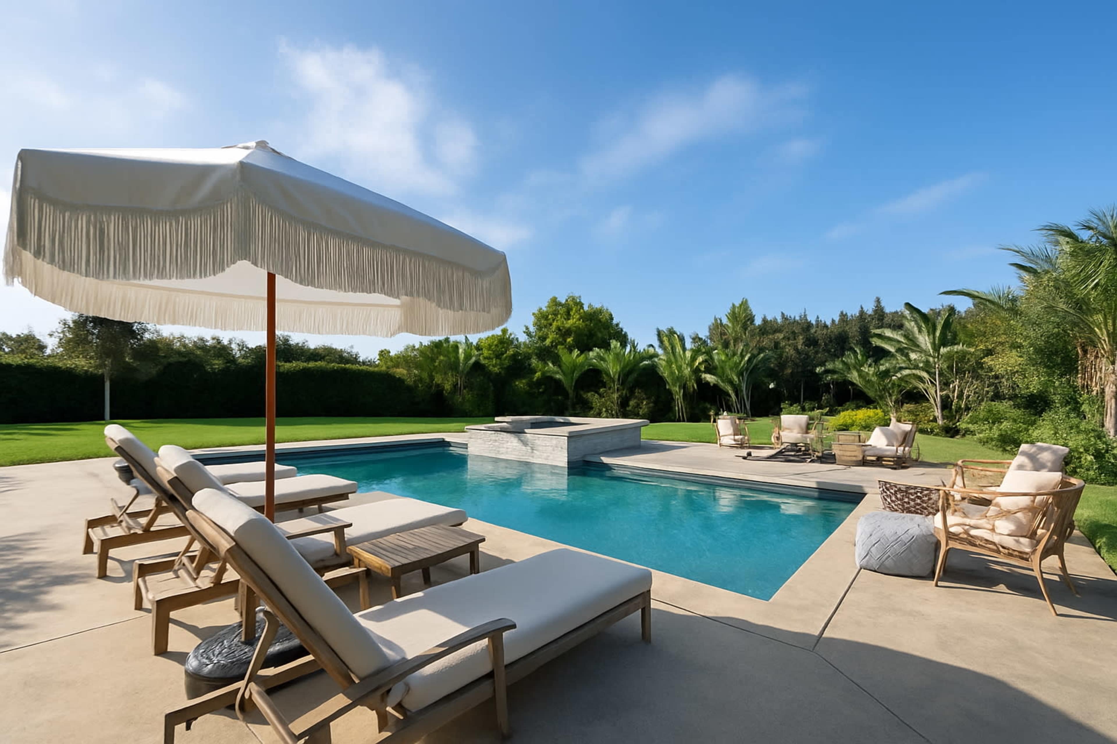 The image shows a backyard pool area featuring lounge chairs, a large umbrella, and surrounding lush greenery.