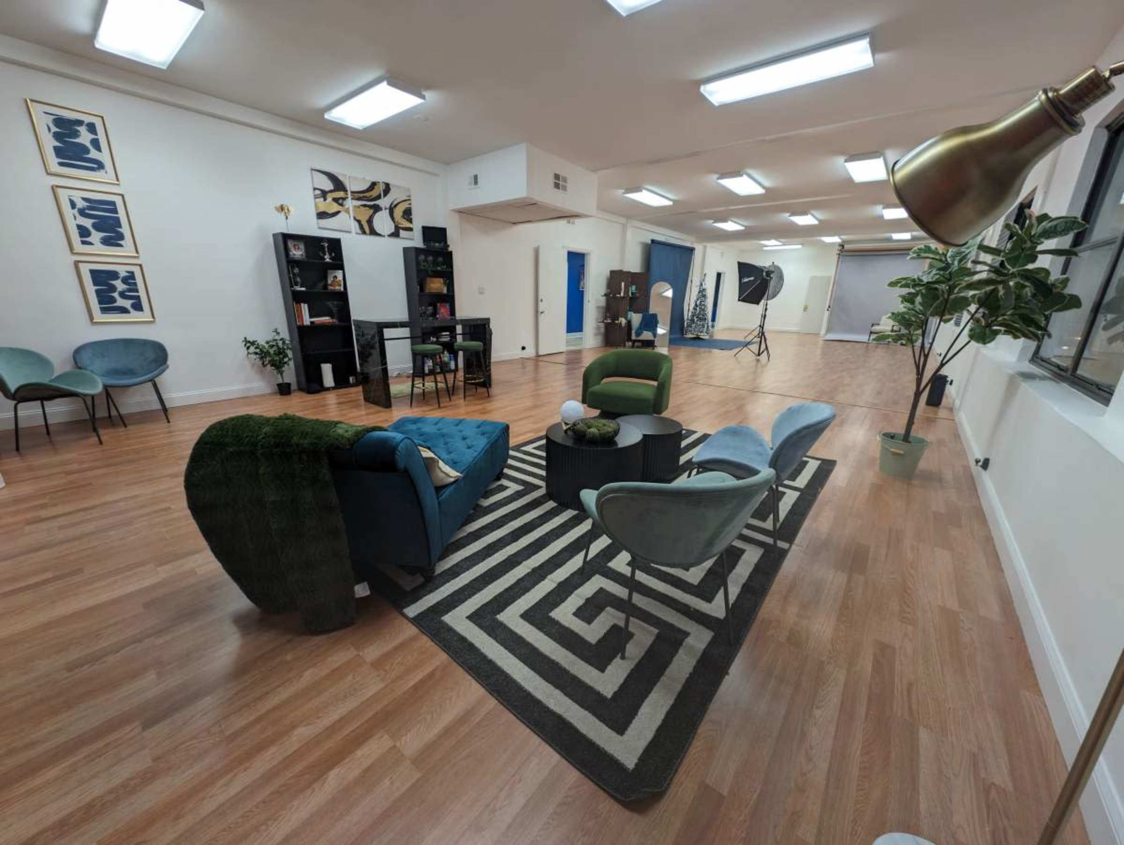 A spacious room with hardwood flooring, a patterned area rug, and various seating options, including chairs and a couch, alongside decorative plant elements and artwork on the walls.