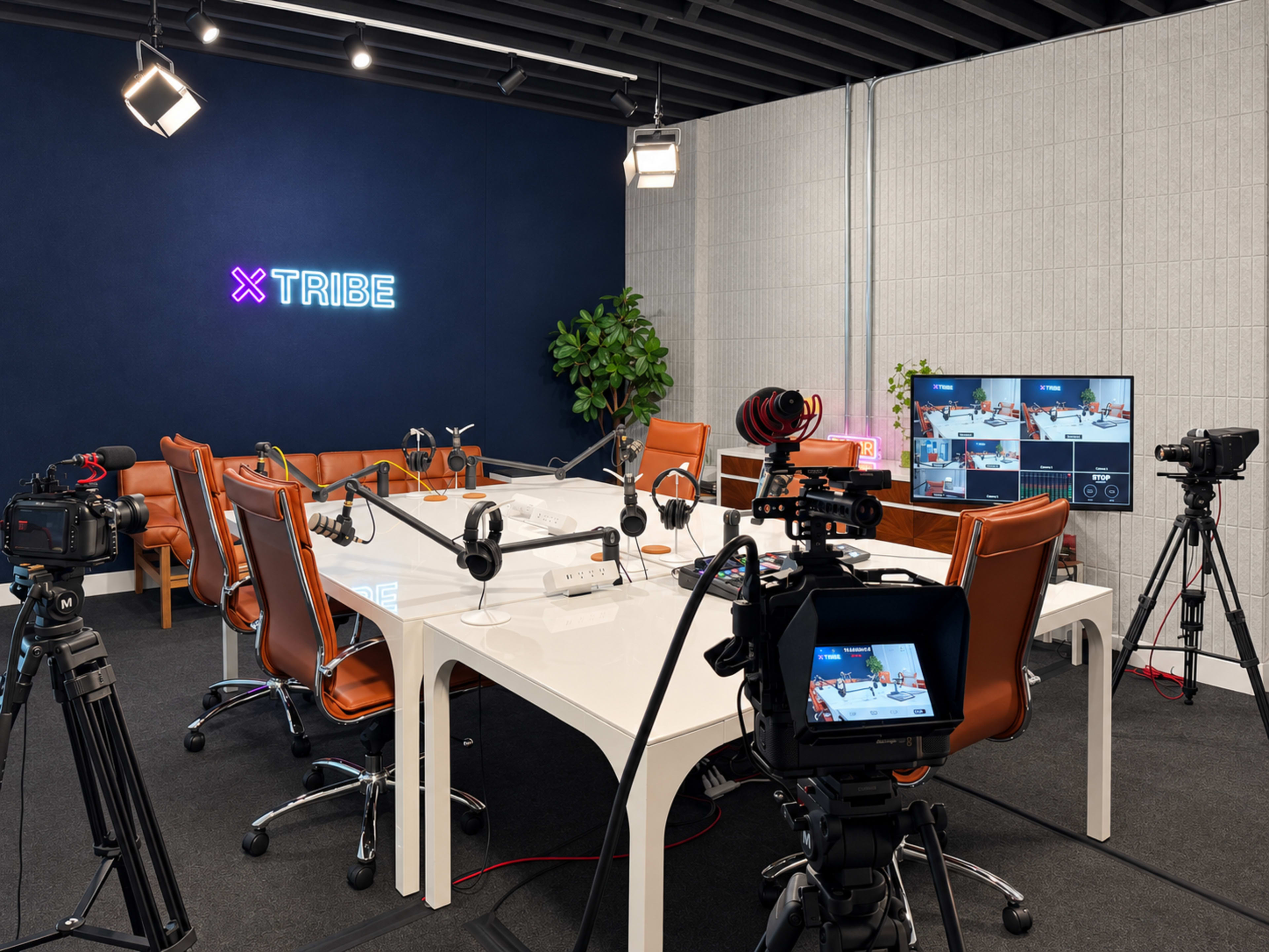 The image displays a modern podcast studio with a central white table, multiple microphones, cameras positioned around the room, and a neon sign that reads "TRIBE" on a blue wall.