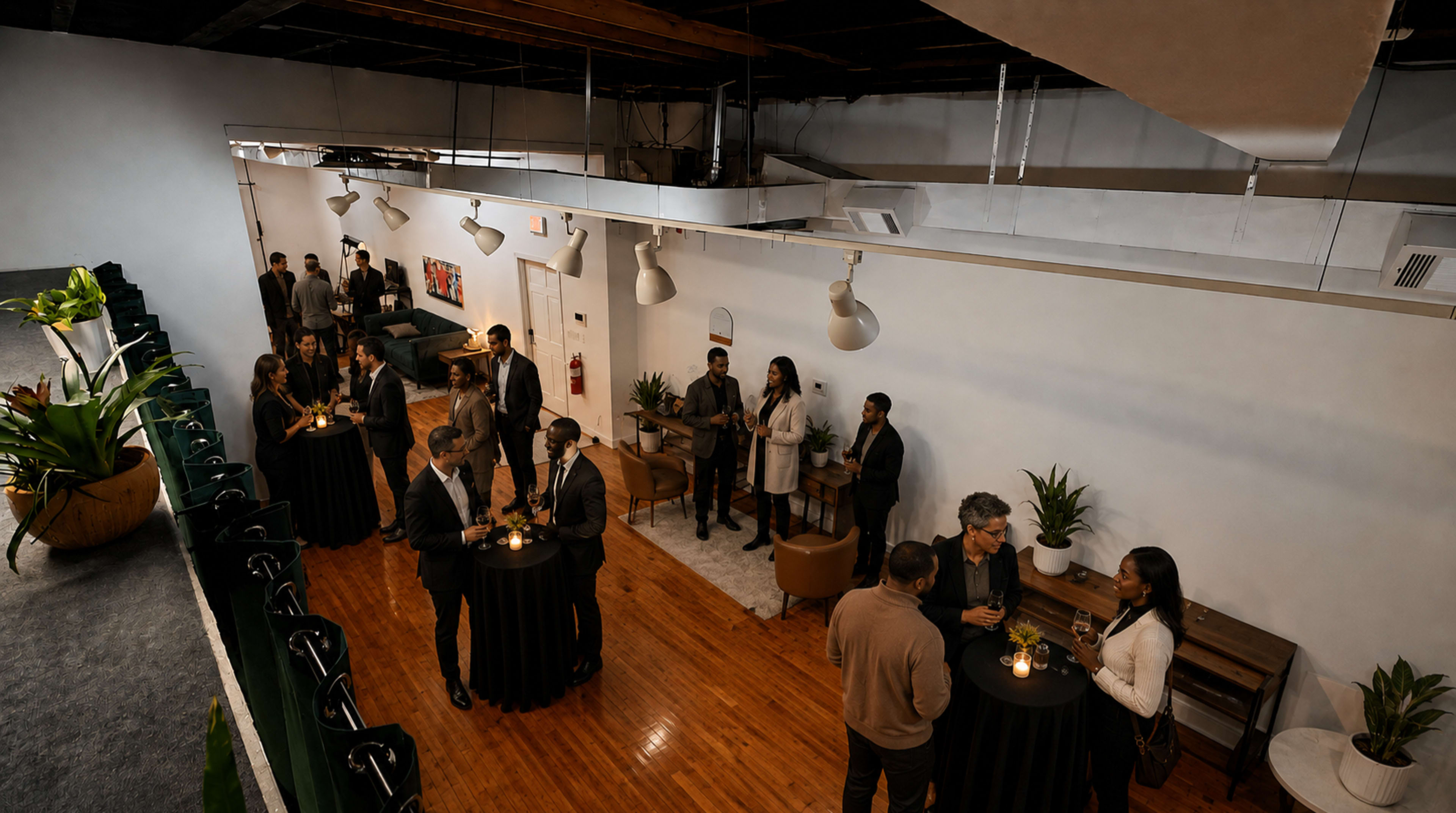 A group of people is socializing in a modern event space with dark tables, plants, and a mix of seating arrangements.