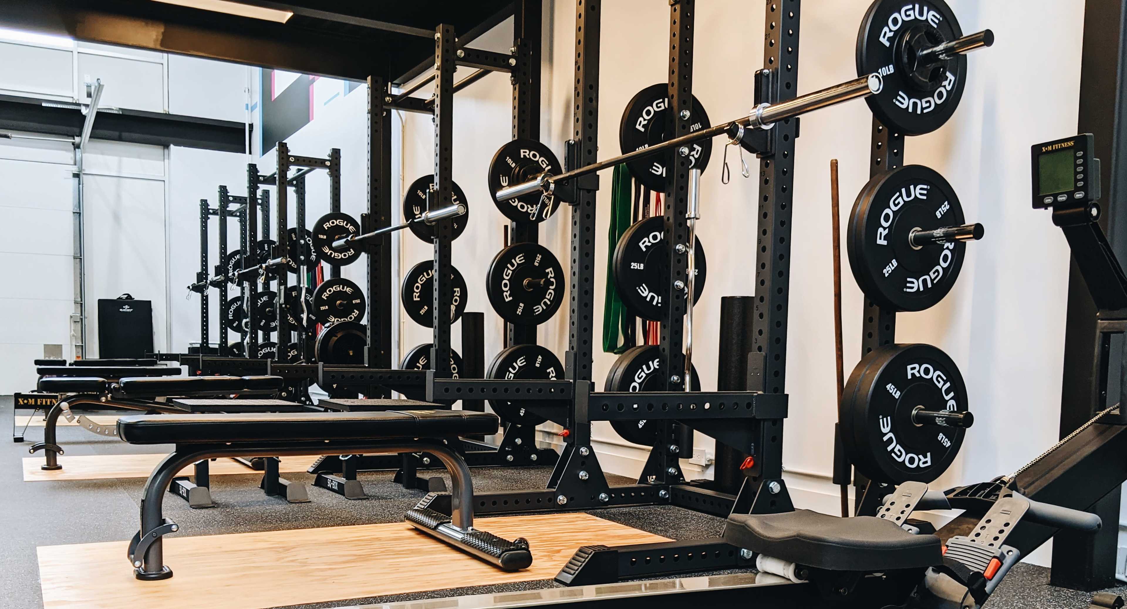 The image shows a gym setup featuring multiple weightlifting stations, benches, and a variety of weight plates neatly organized on racks.