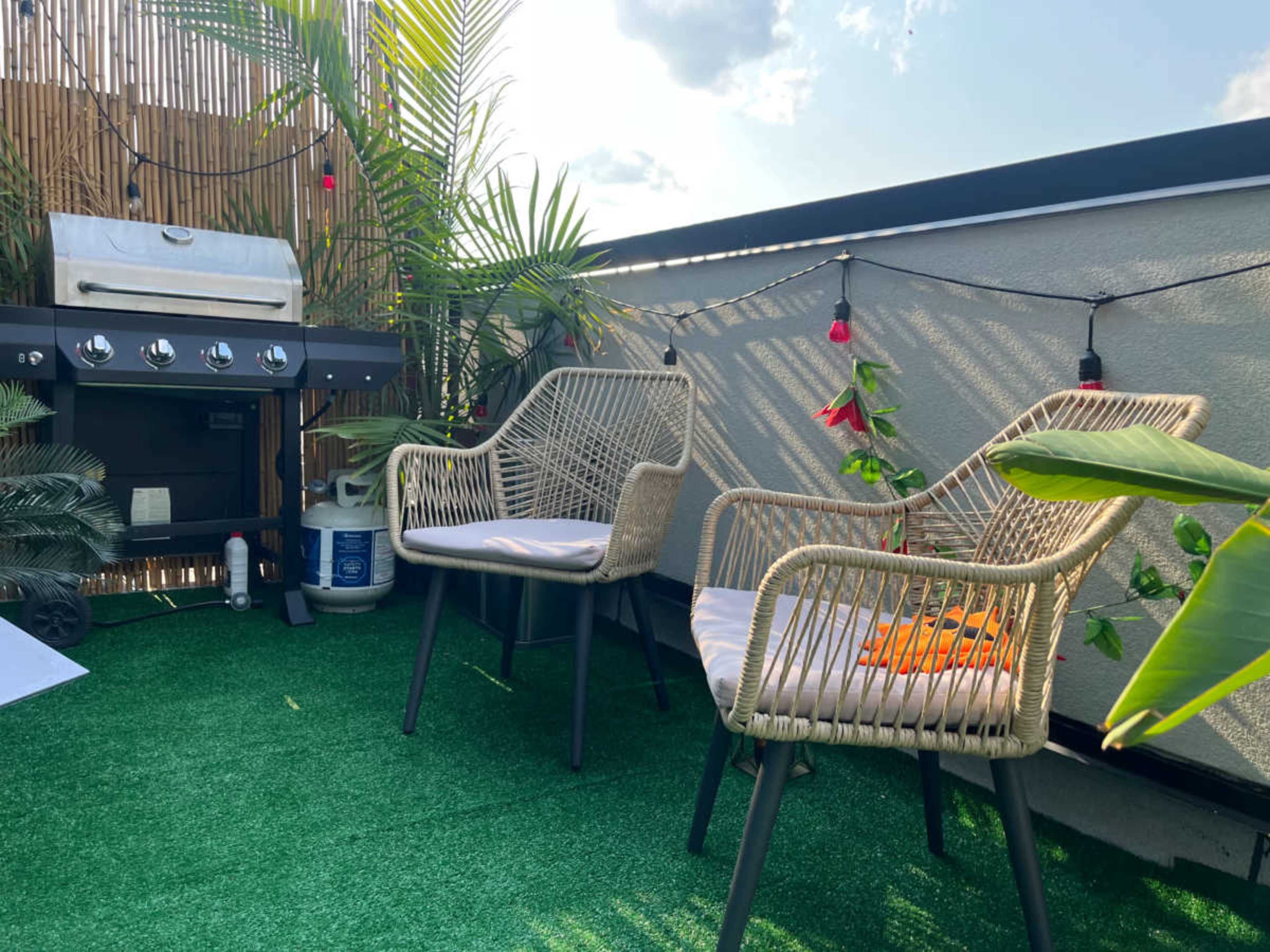 The image shows a rooftop patio featuring a grill, two wicker chairs, and decorative plants, all set on a green artificial lawn.
