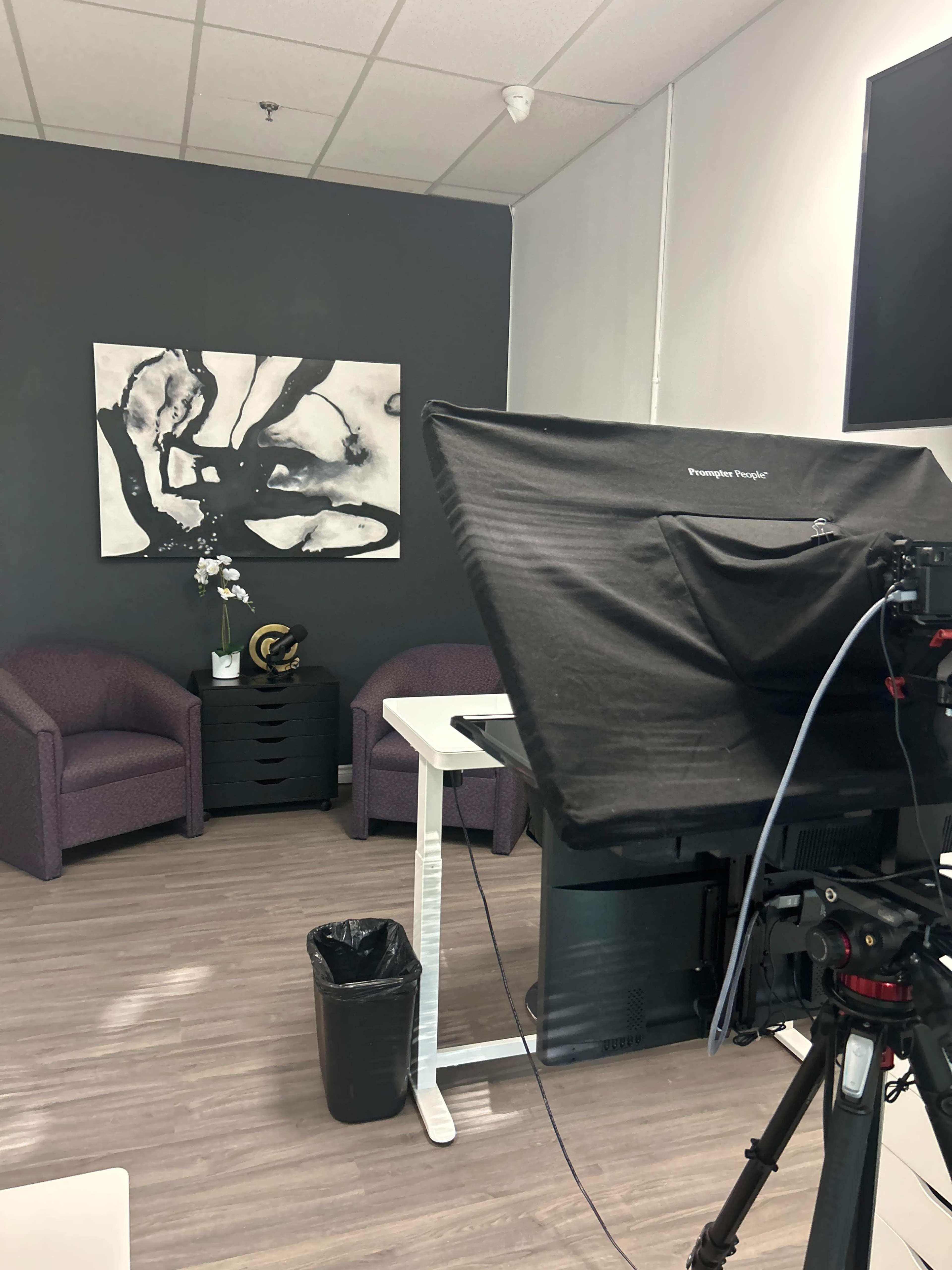 The image shows a small studio setup with two purple chairs, a table, a black trash can, and a large canvas artwork on the wall.