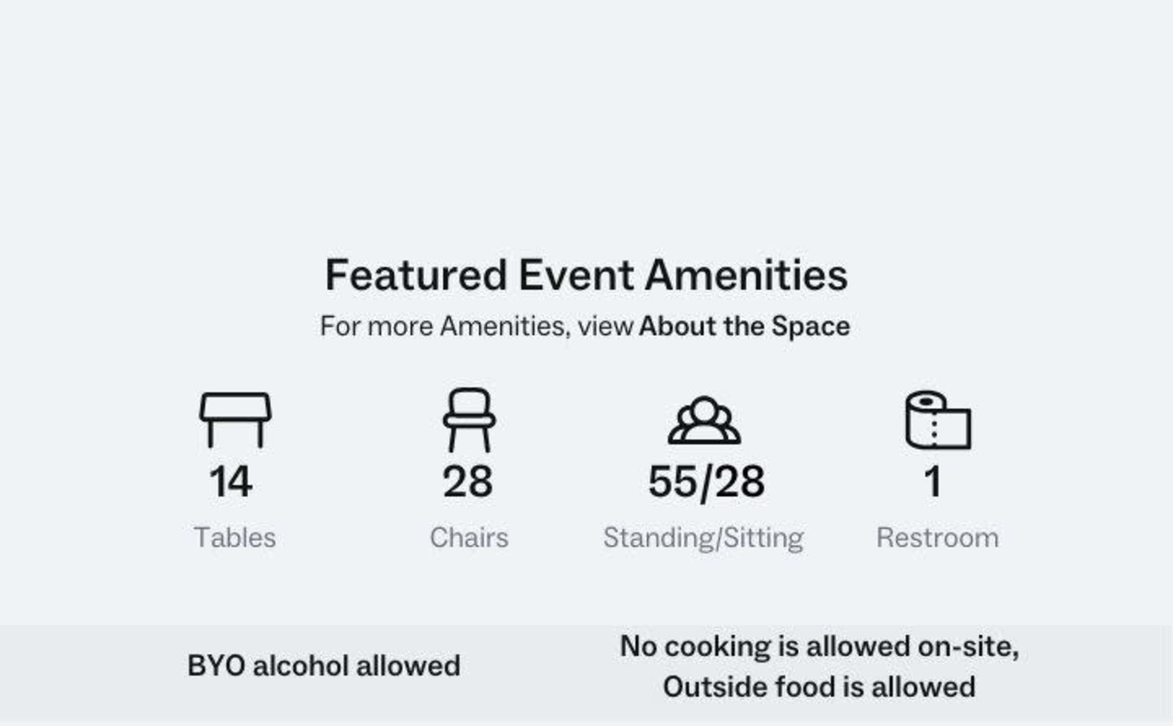Event amenities, including the number of tables, chairs, seating capacity, restrooms, and food policies.