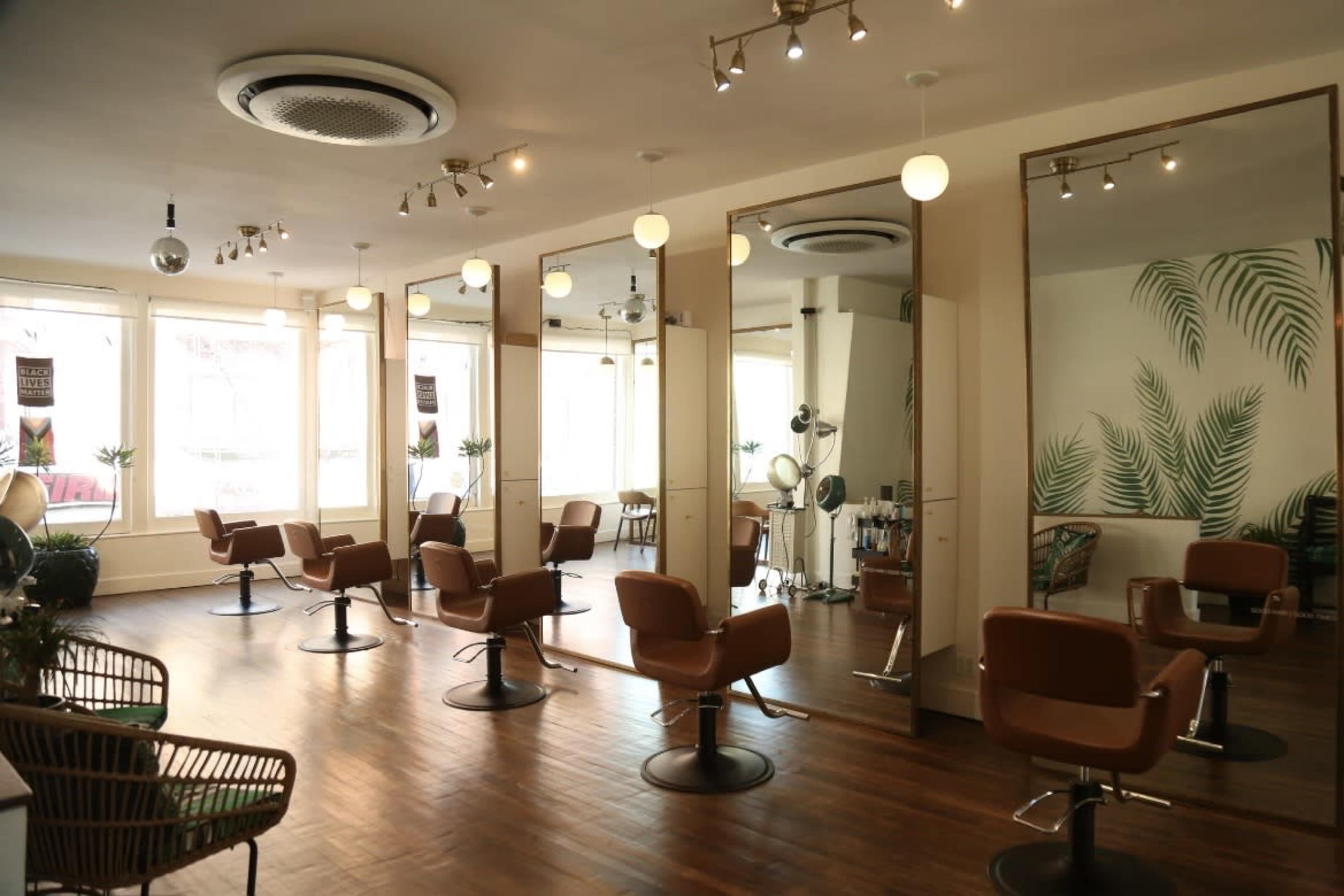 The image shows a salon interior featuring several styling stations with brown chairs, large mirrors, and leafy wall decor.