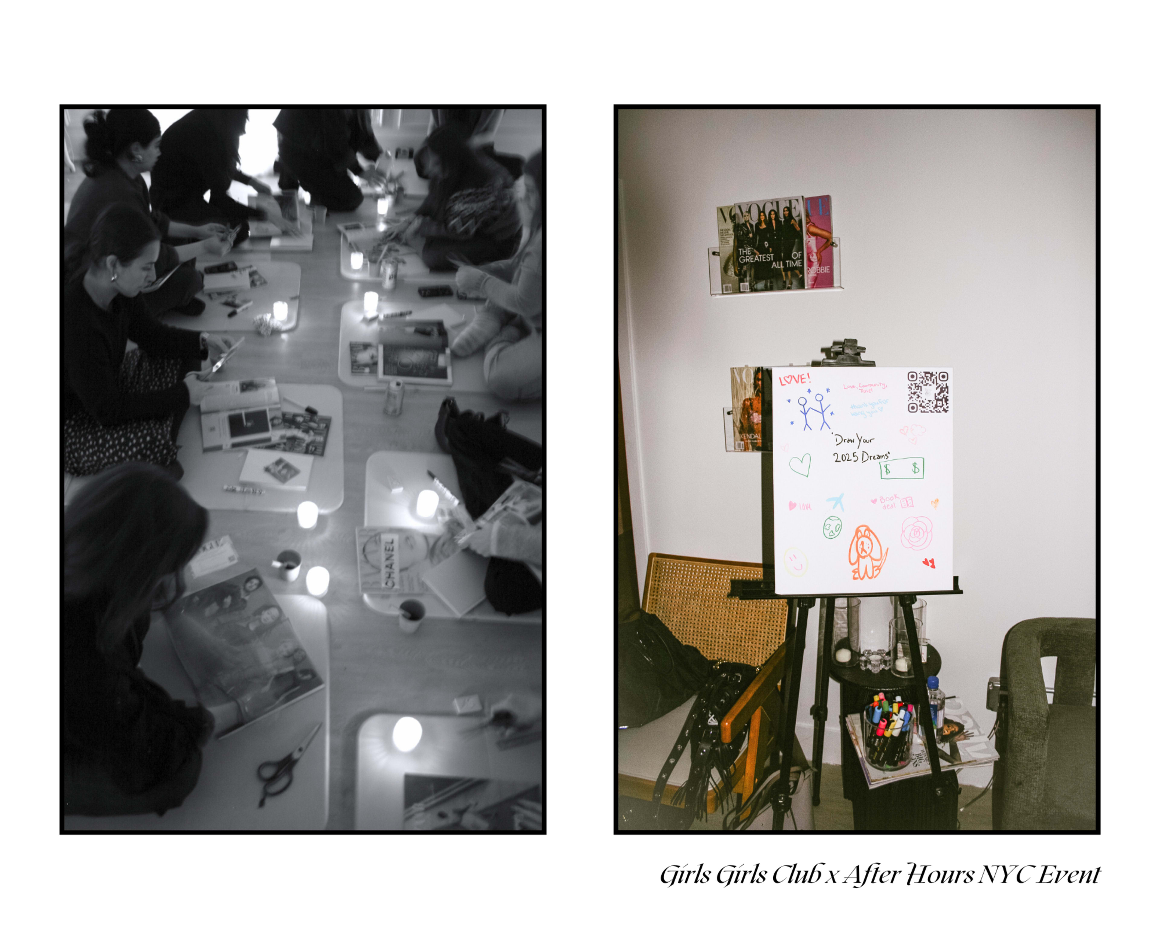 The image shows a group of people sitting on the floor, working on art projects with candles lit around them, while a whiteboard with drawings and notes is positioned nearby.