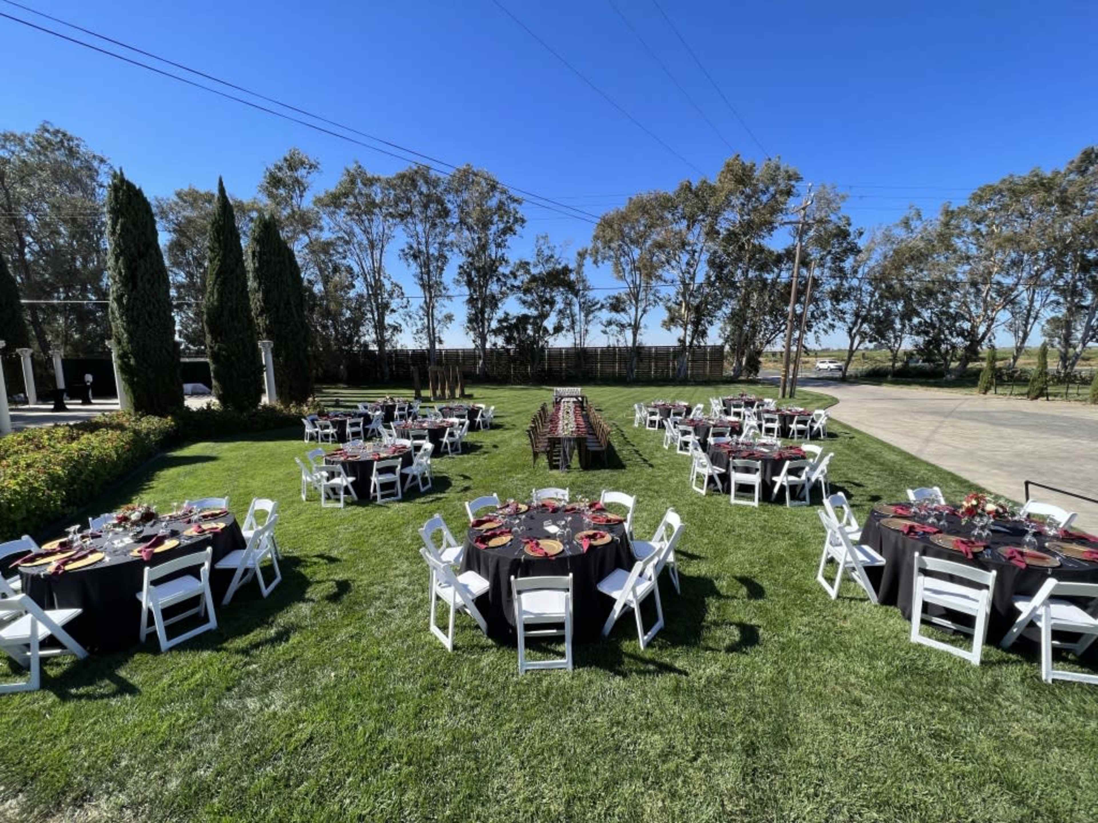 A collection of round tables set for an outdoor event is arranged on a grassy area, surrounded by trees and clear blue skies.