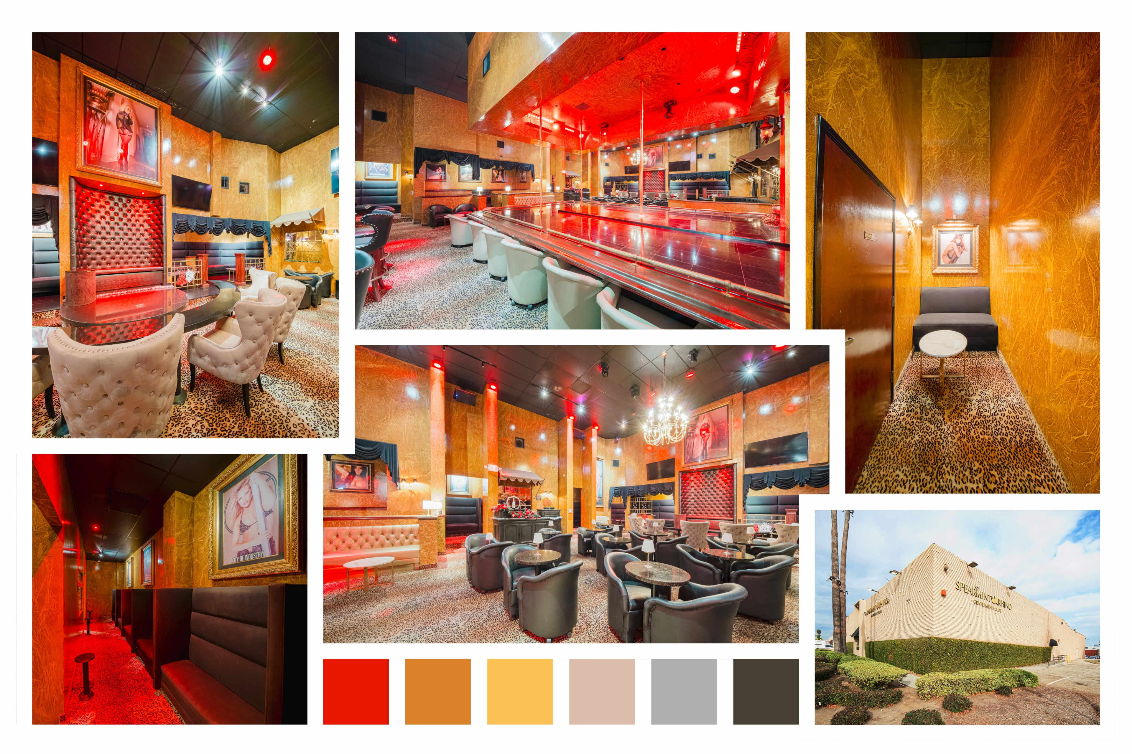 The image showcases a stylish interior of a restaurant or lounge featuring red lighting, plush seating, and a glossy bar area.