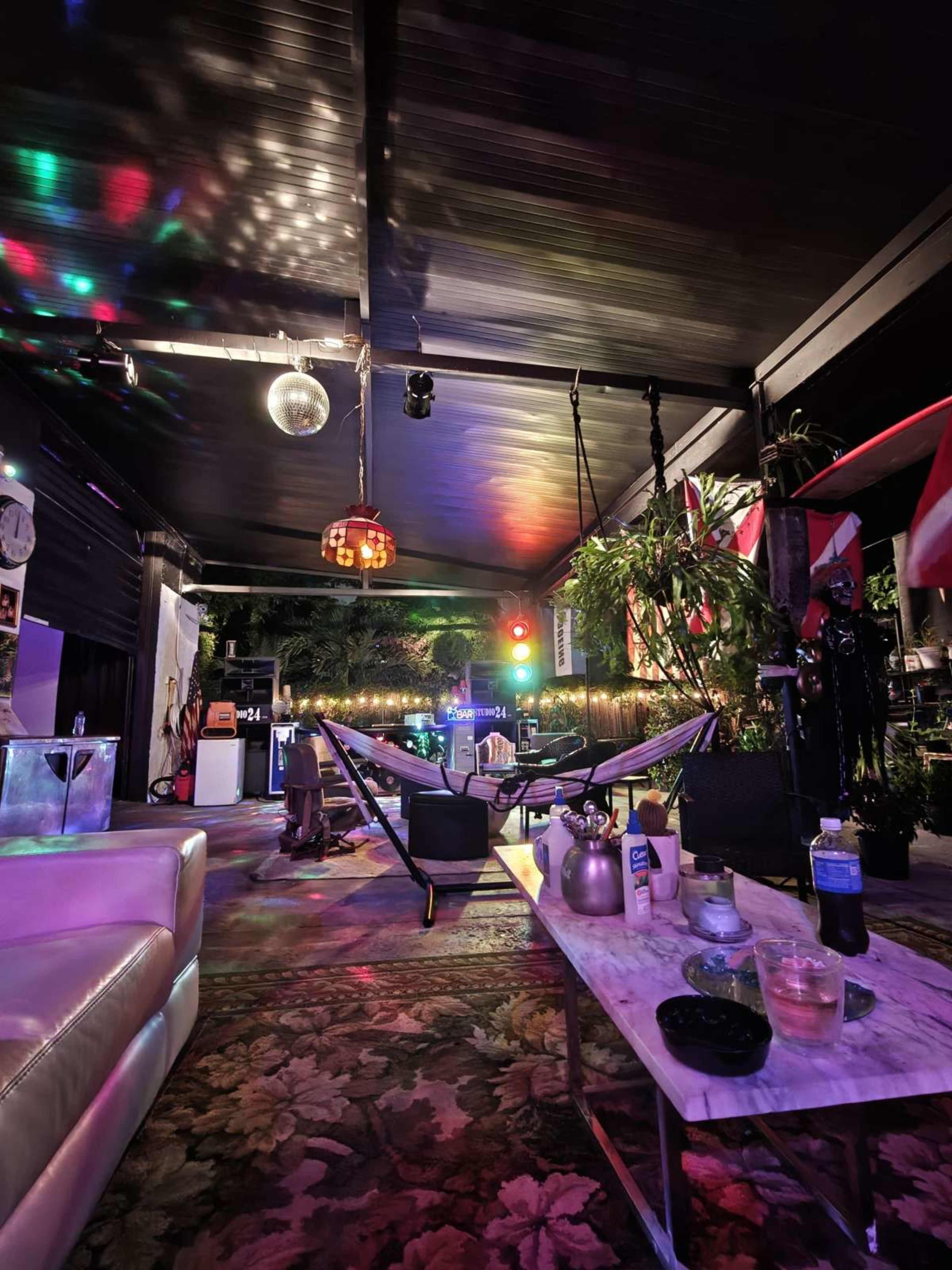 The image shows a cozy lounge area with hammocks, plants, and colorful lights reflecting off the ceiling.