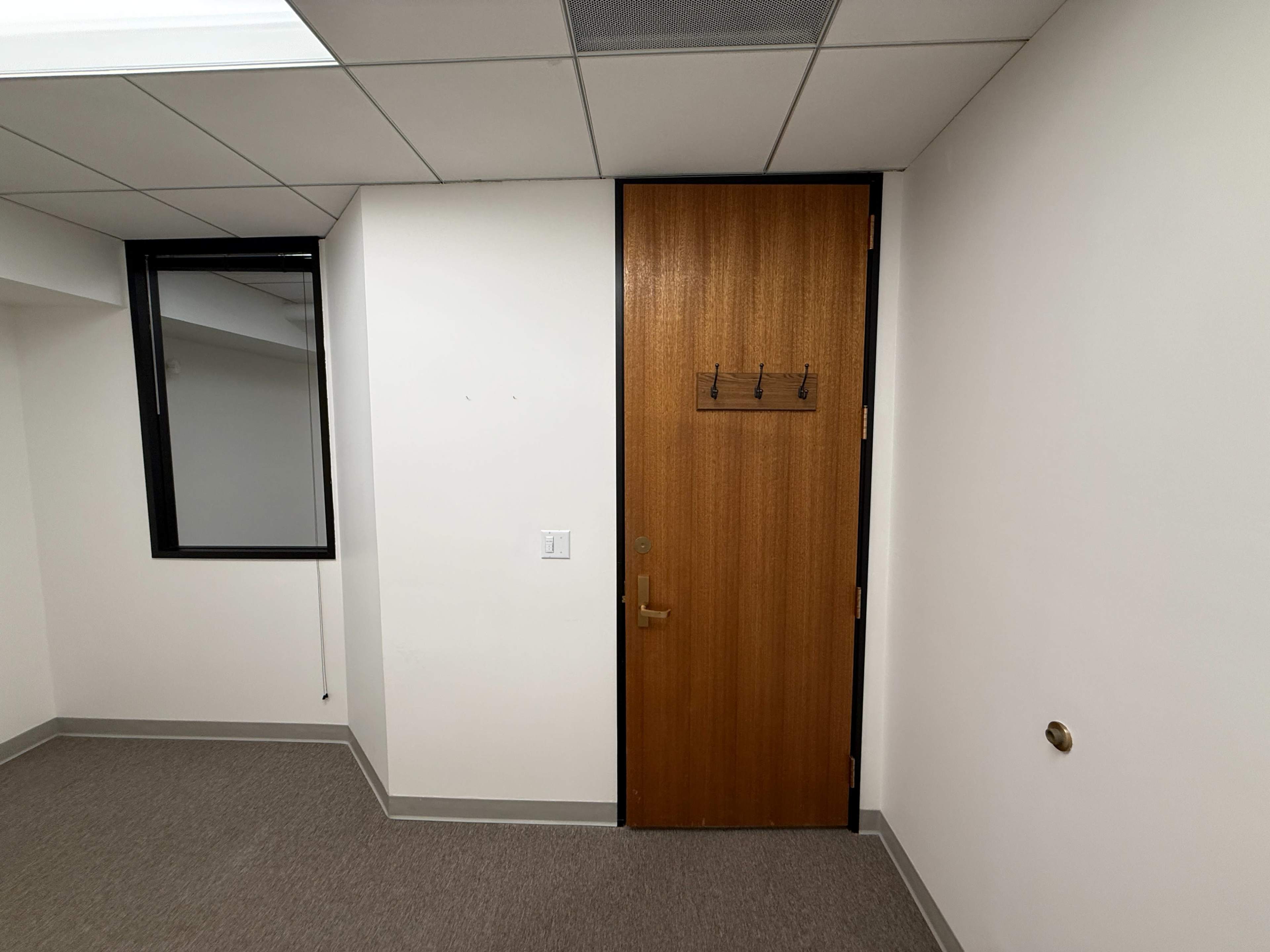 The image shows a corner of an office room featuring a wooden door with a hook and a window on the adjacent wall.