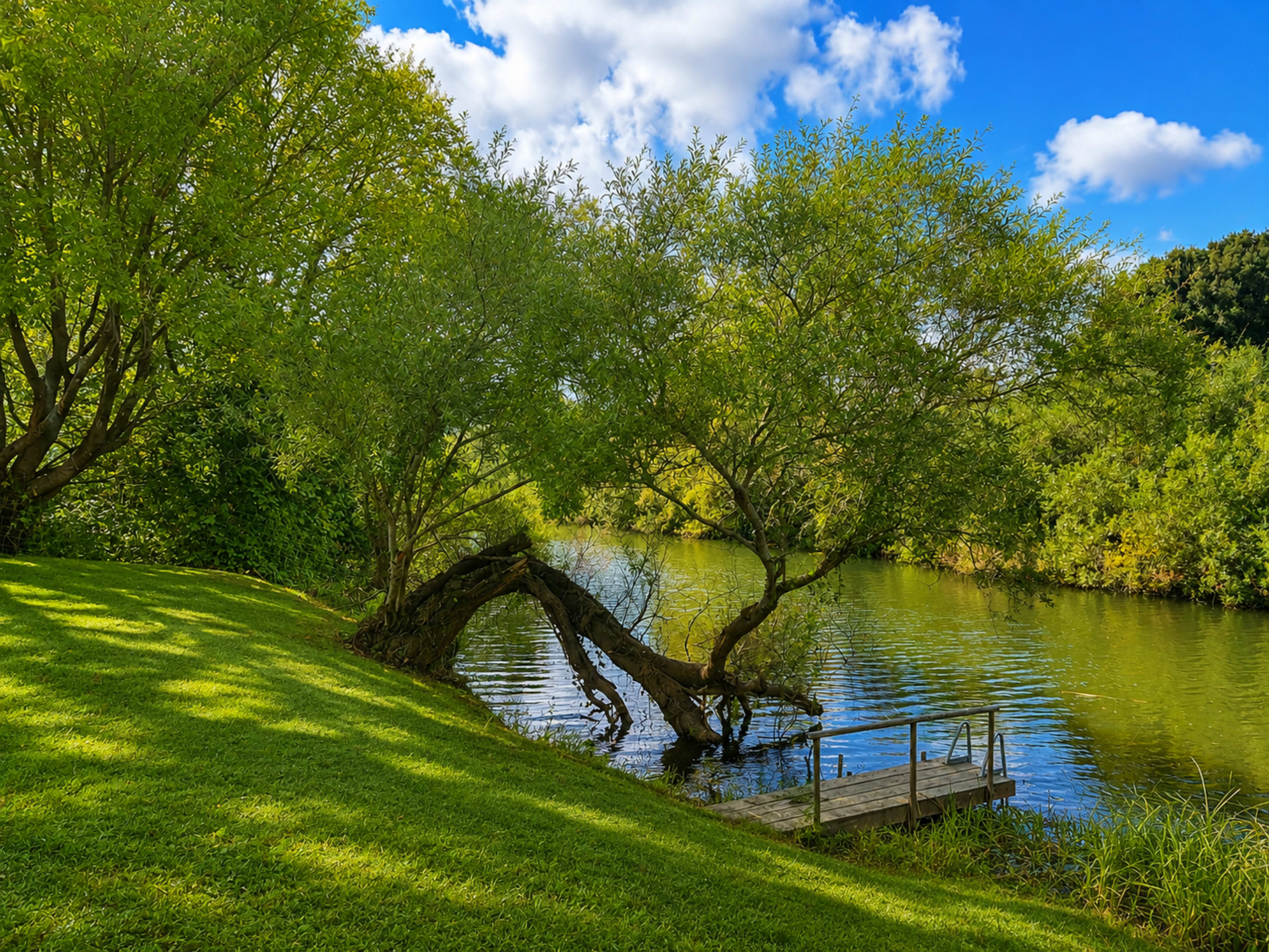 A dock extends into a calm river bordered by two overhanging trees and lush green grass.