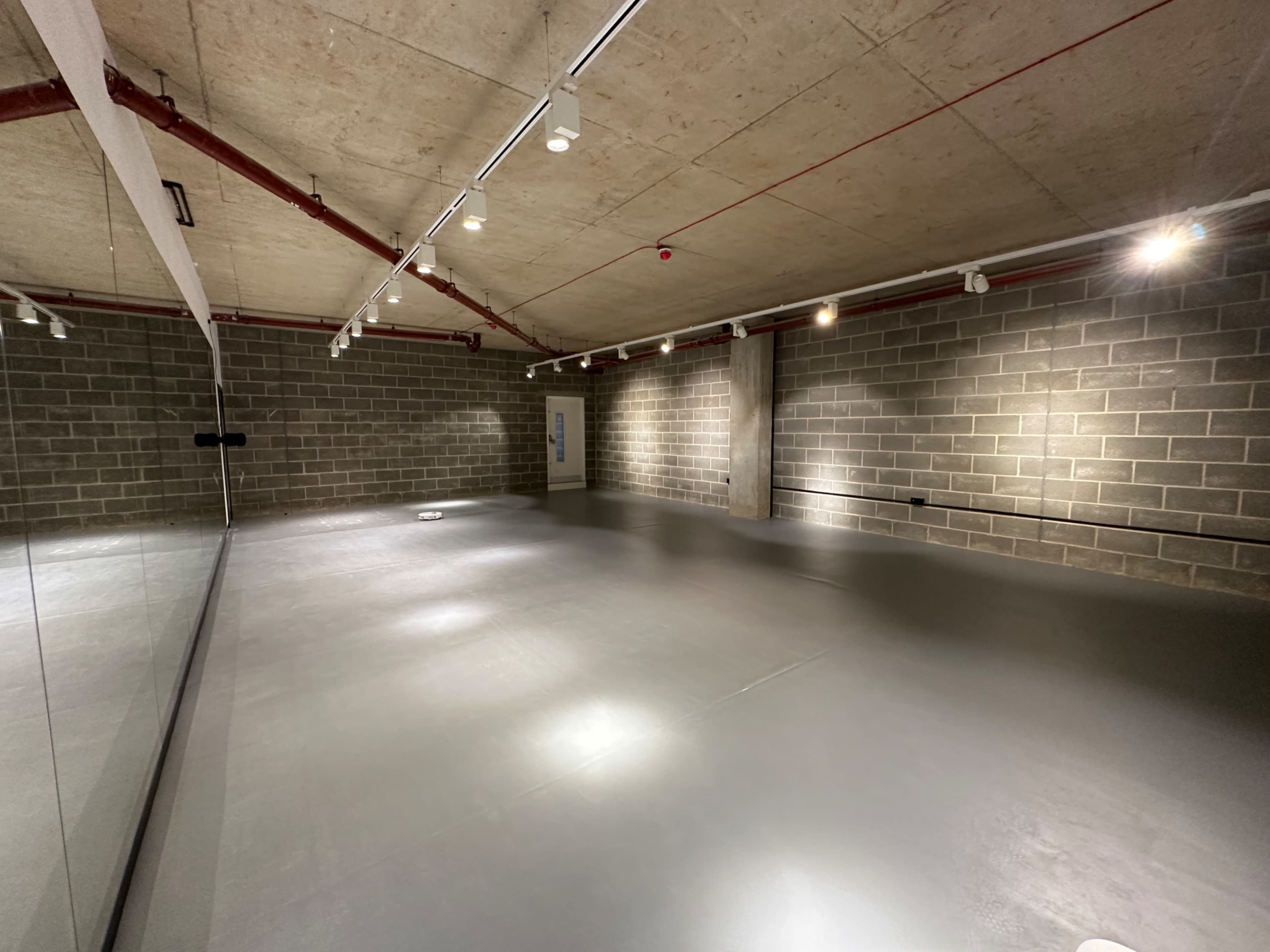 The image shows an empty room with concrete walls, a smooth gray floor, and overhead lighting.