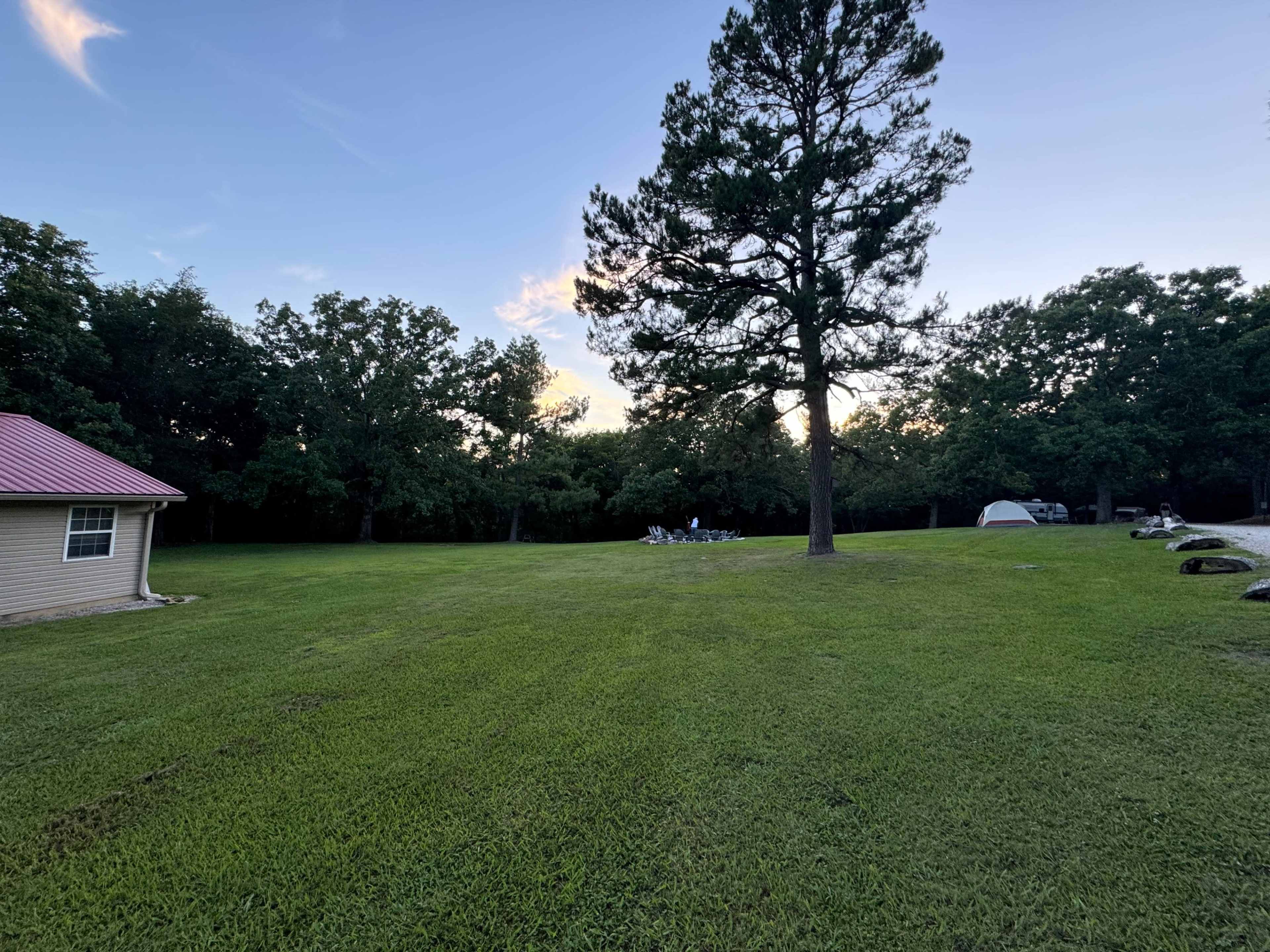 A grassy field stretches out under a clear sky, with a tall tree in the center and a tent set up in the distance.