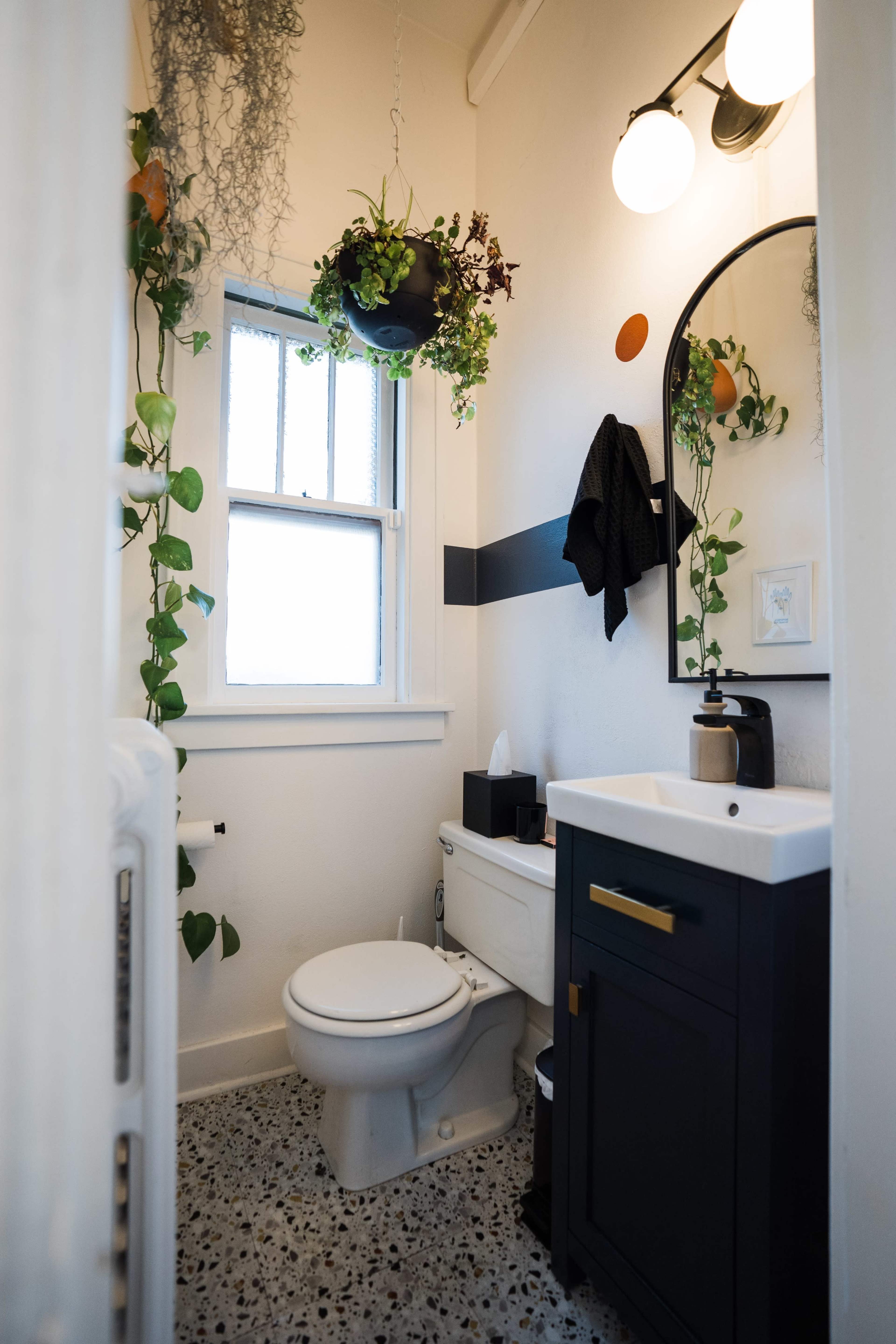 A small bathroom featuring a white toilet, a dark cabinet with a sink, and plants hanging near a window.