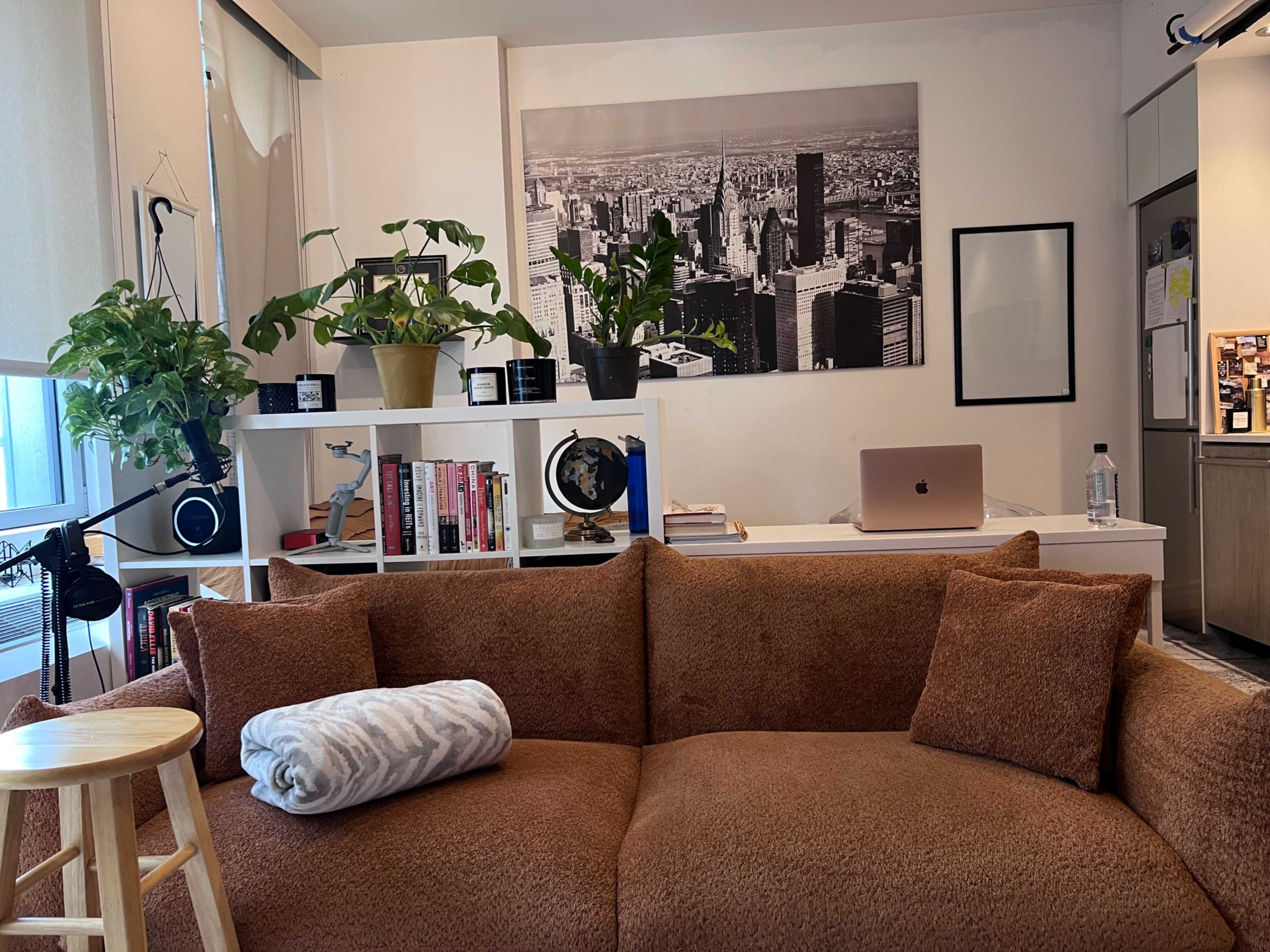 A cozy living room features a brown couch, a stack of books, potted plants, a globe, a laptop on a desk, and a large cityscape photograph on the wall.