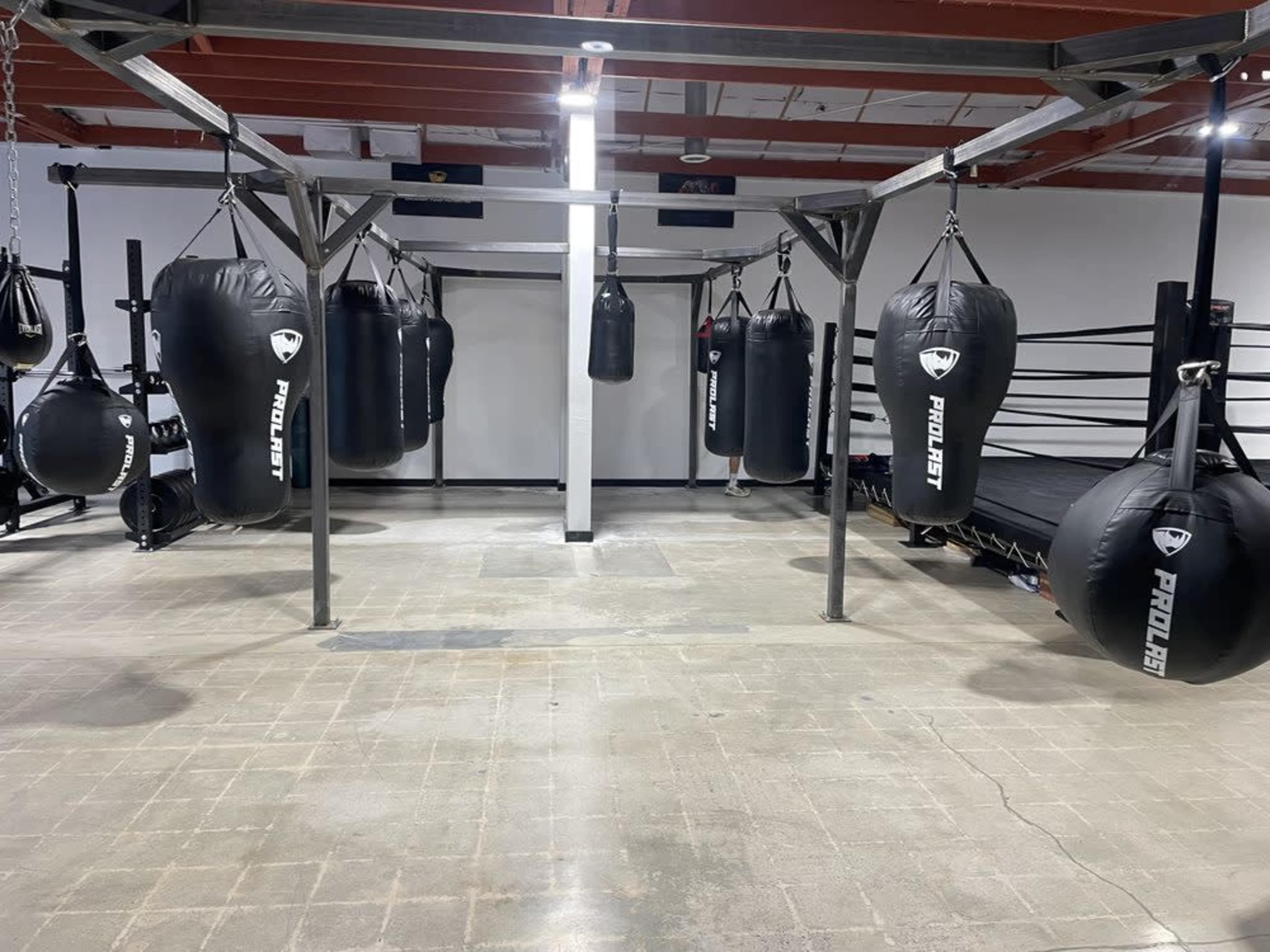 A boxing gym with several hanging heavy bags and a boxing ring in the center of a spacious workout area.