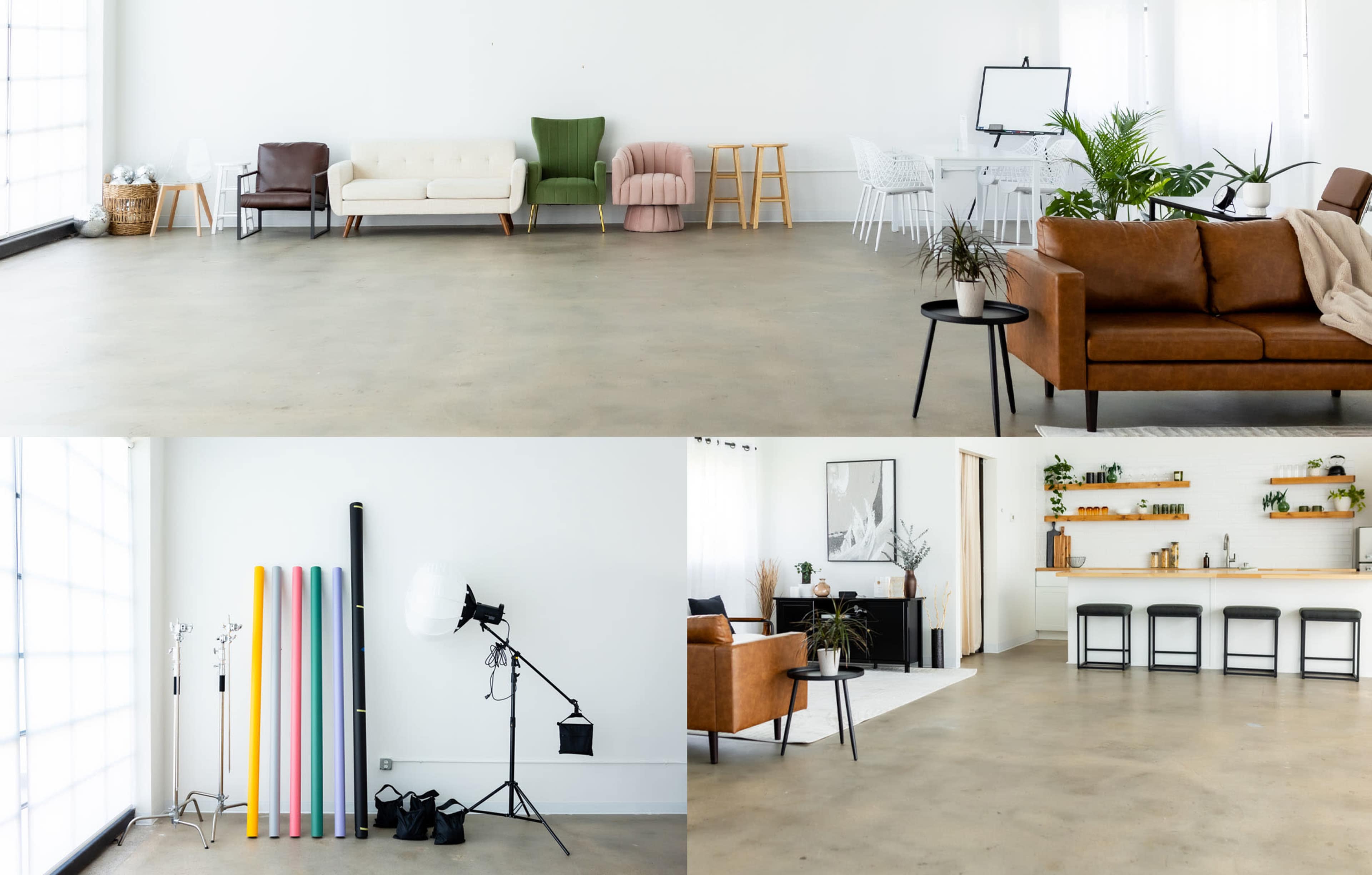 A spacious, well-lit interior with a variety of seating arrangements, decorative plants, and equipment for photography or presentations.